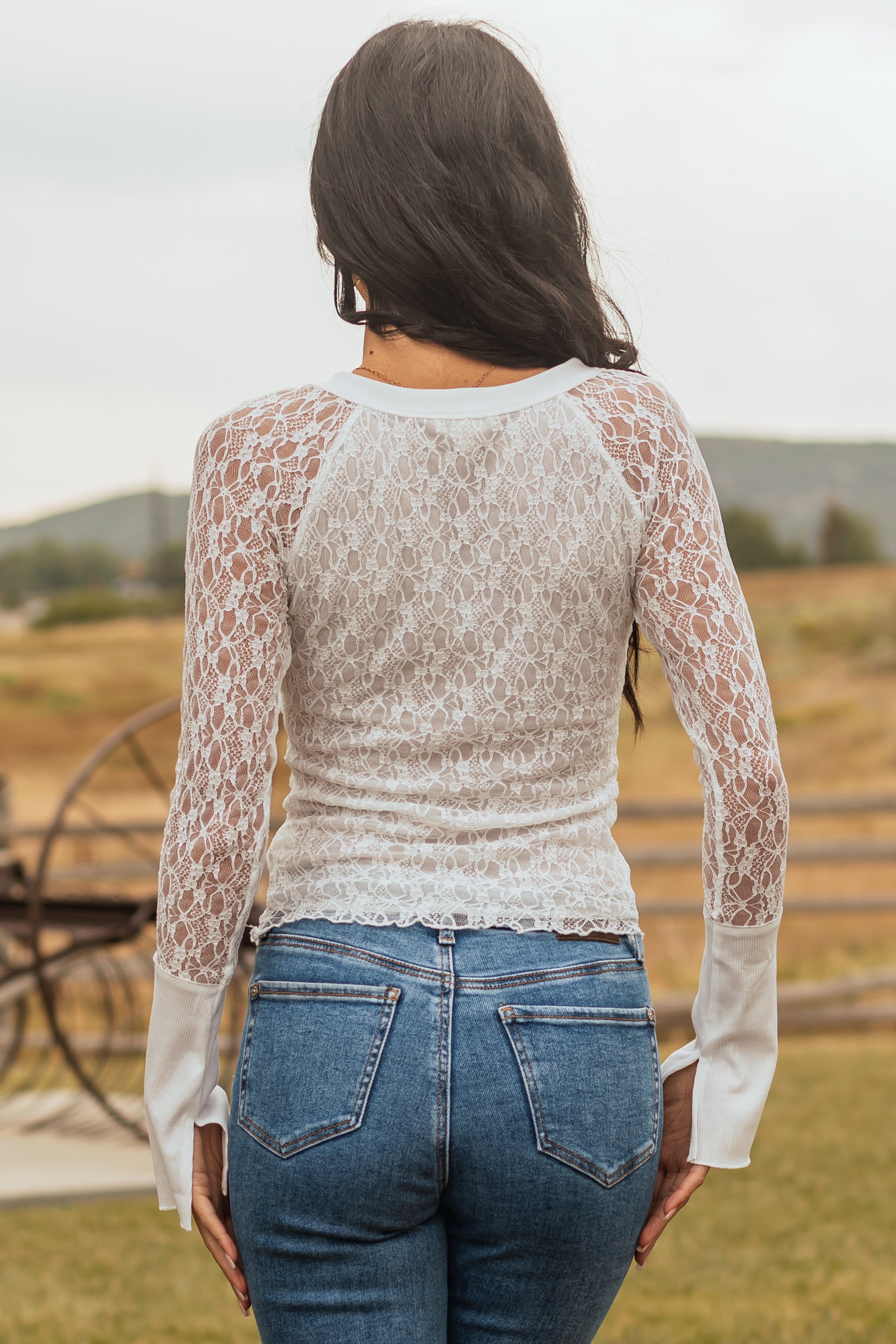 Off White Lace Long Sleeve Henley Top