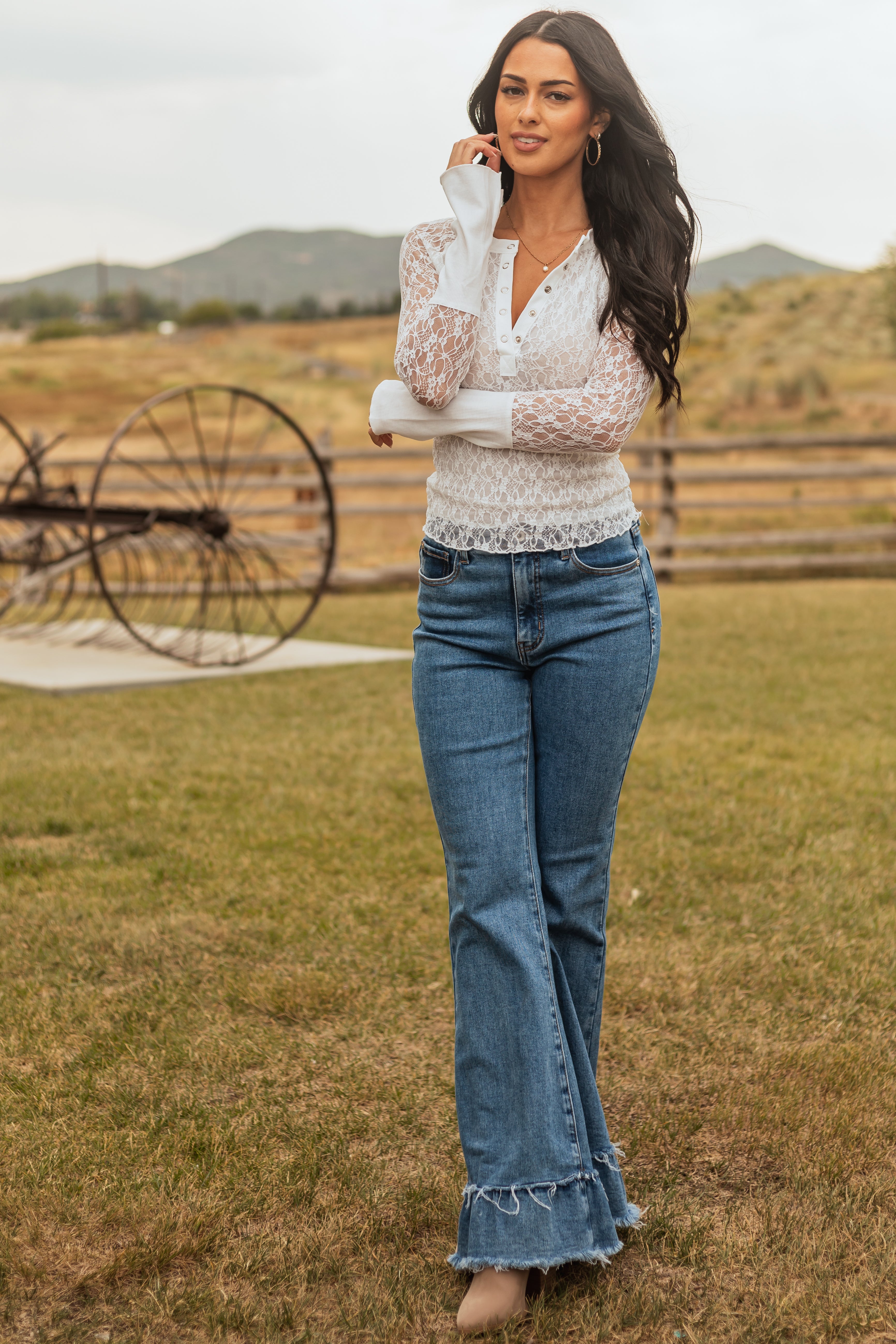 Off White Lace Long Sleeve Henley Top