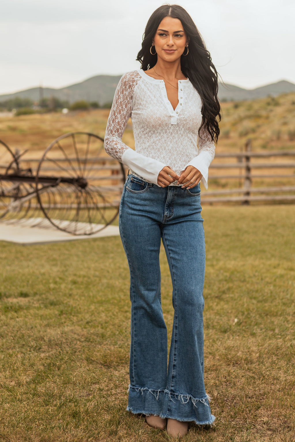 Off White Lace Long Sleeve Henley Top