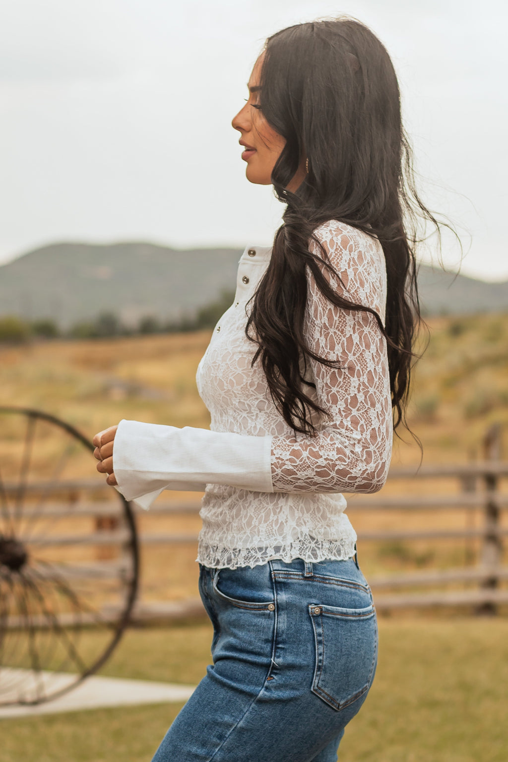 Off White Lace Long Sleeve Henley Top