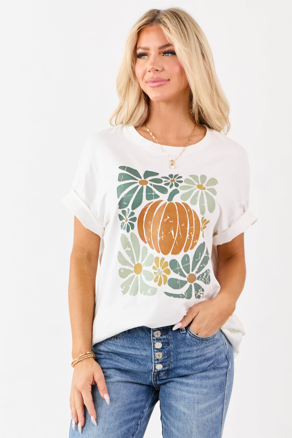 Off White Pumpkin Graphic Short Sleeve Top