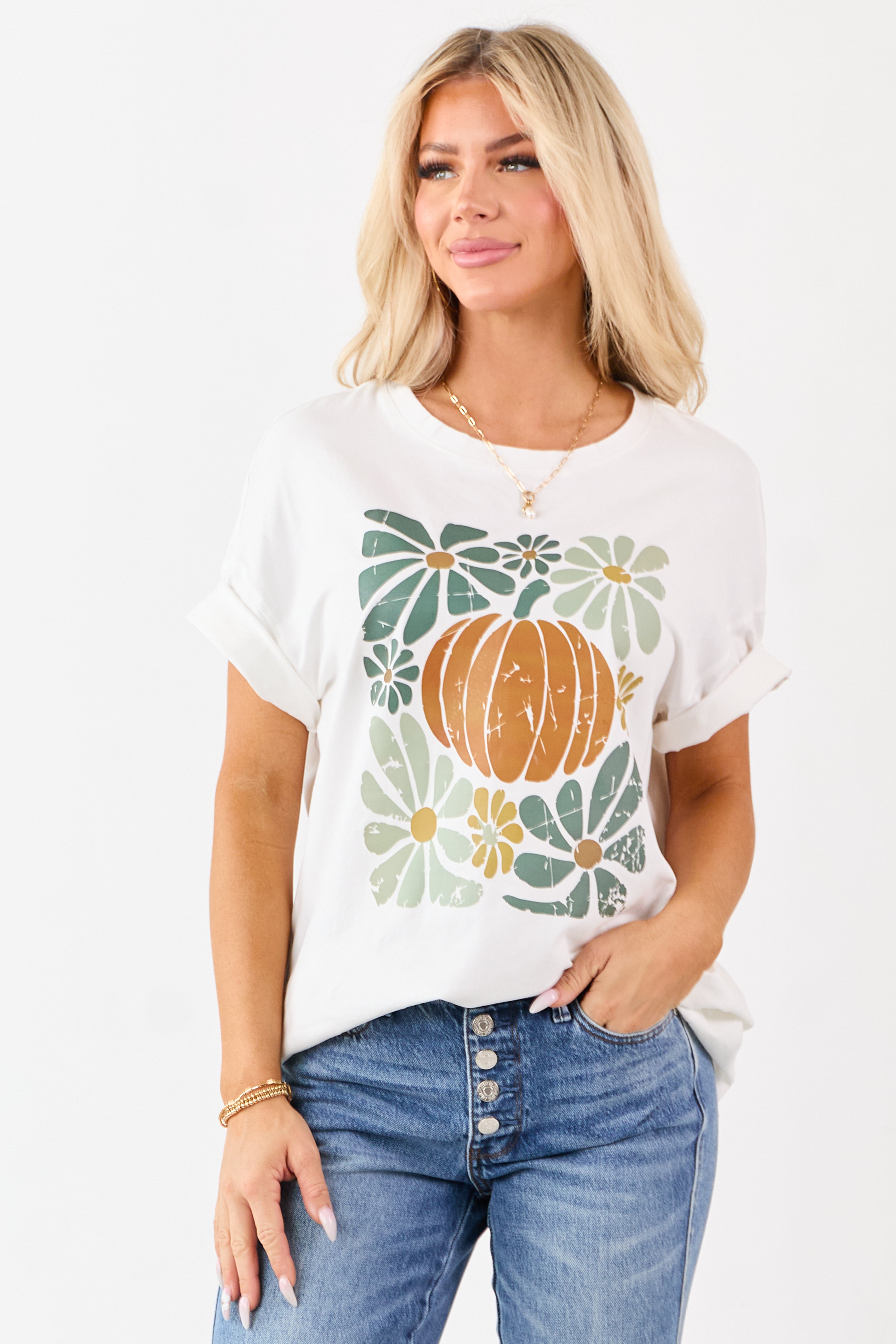 Off White Pumpkin Graphic Short Sleeve Top