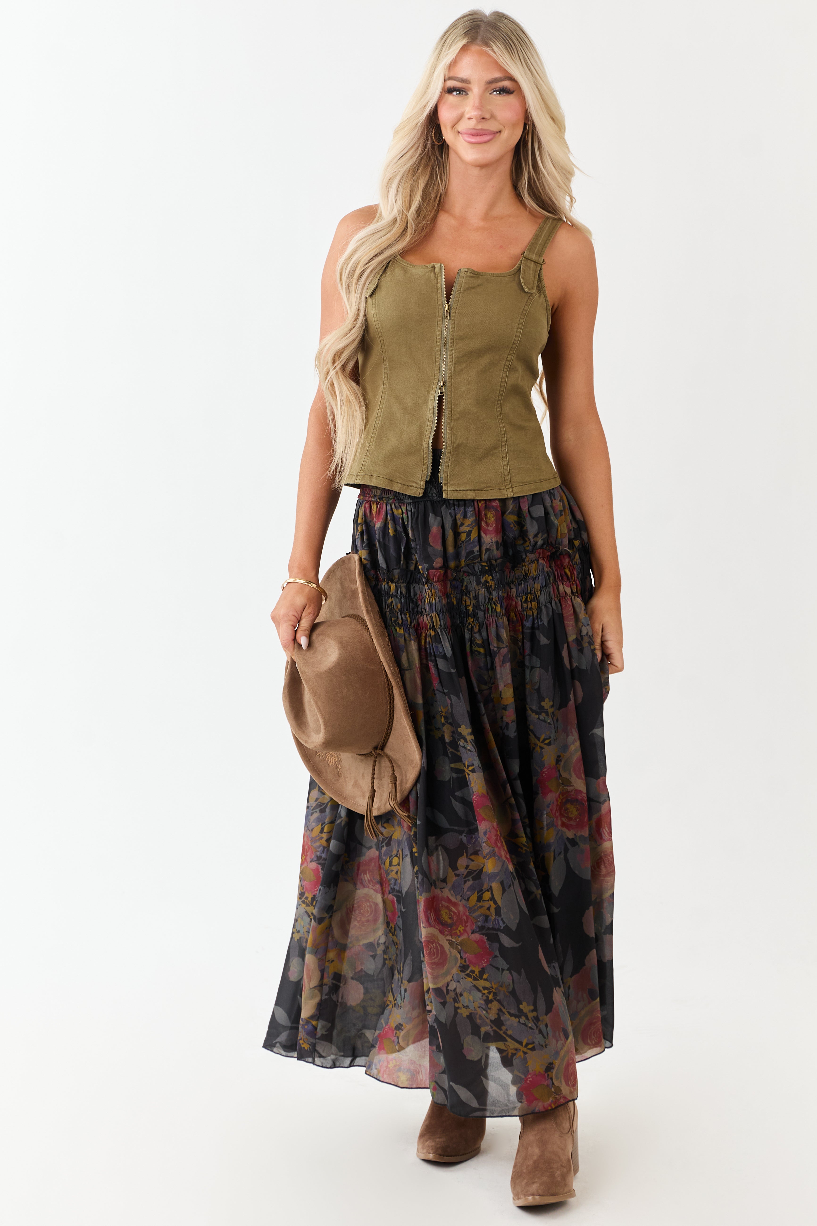 Olive Stretchy Denim Two Way Zipper Tank Top