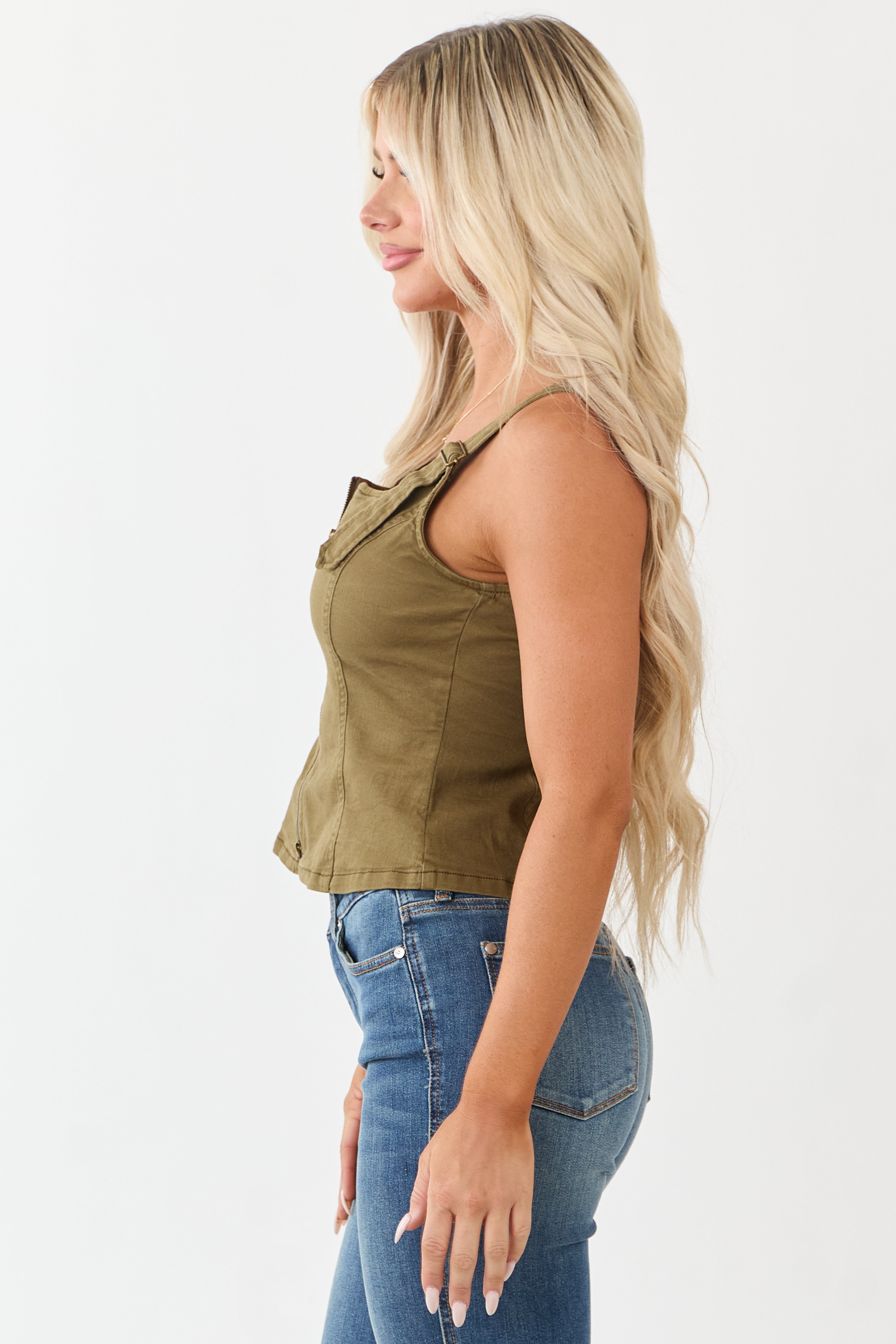 Olive Stretchy Denim Two Way Zipper Tank Top