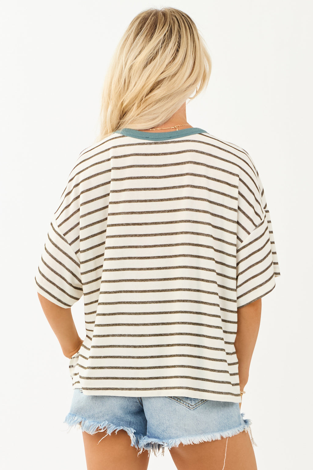 Olive and Ivory Striped Knit Half Sleeve Relaxed Top