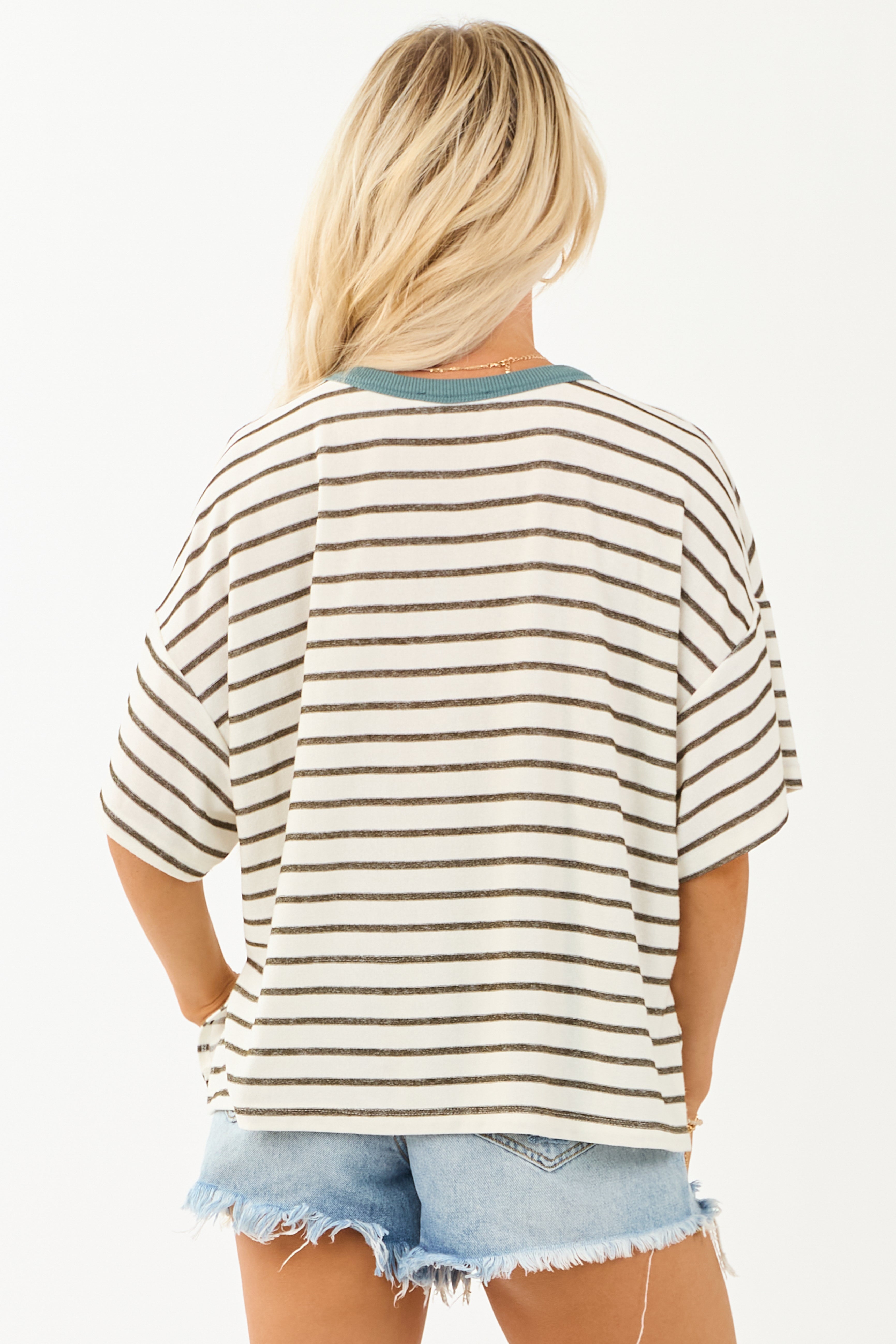 Olive and Ivory Striped Knit Half Sleeve Relaxed Top