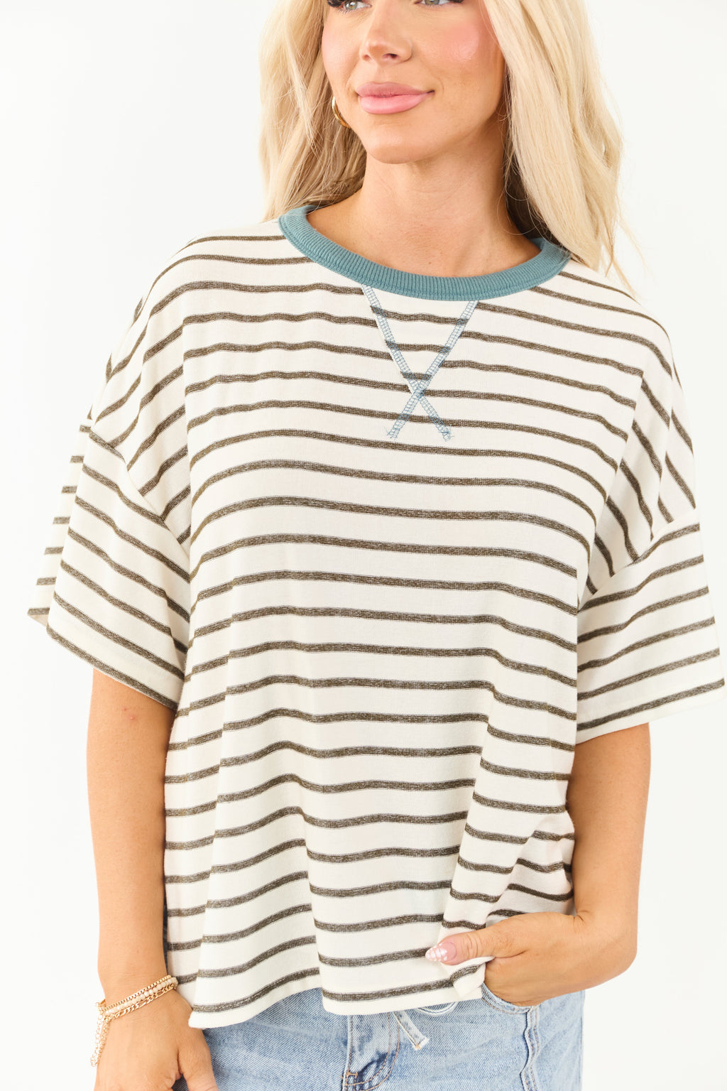 Olive and Ivory Striped Knit Half Sleeve Relaxed Top