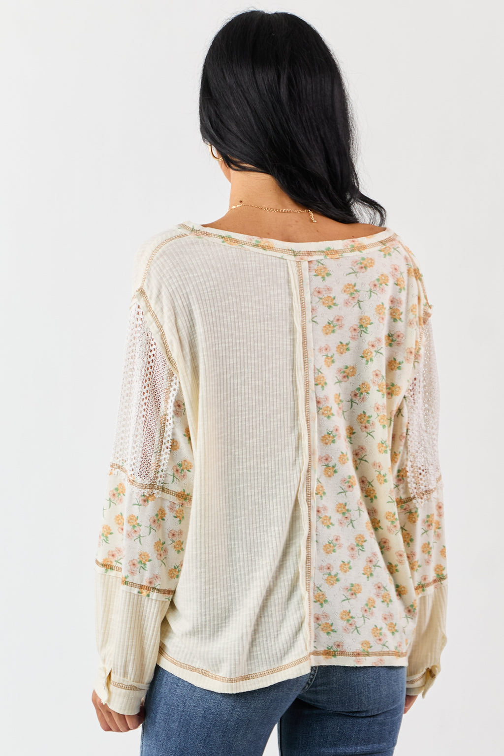 POL Cream Floral Print Colorblock Long Sleeve Top