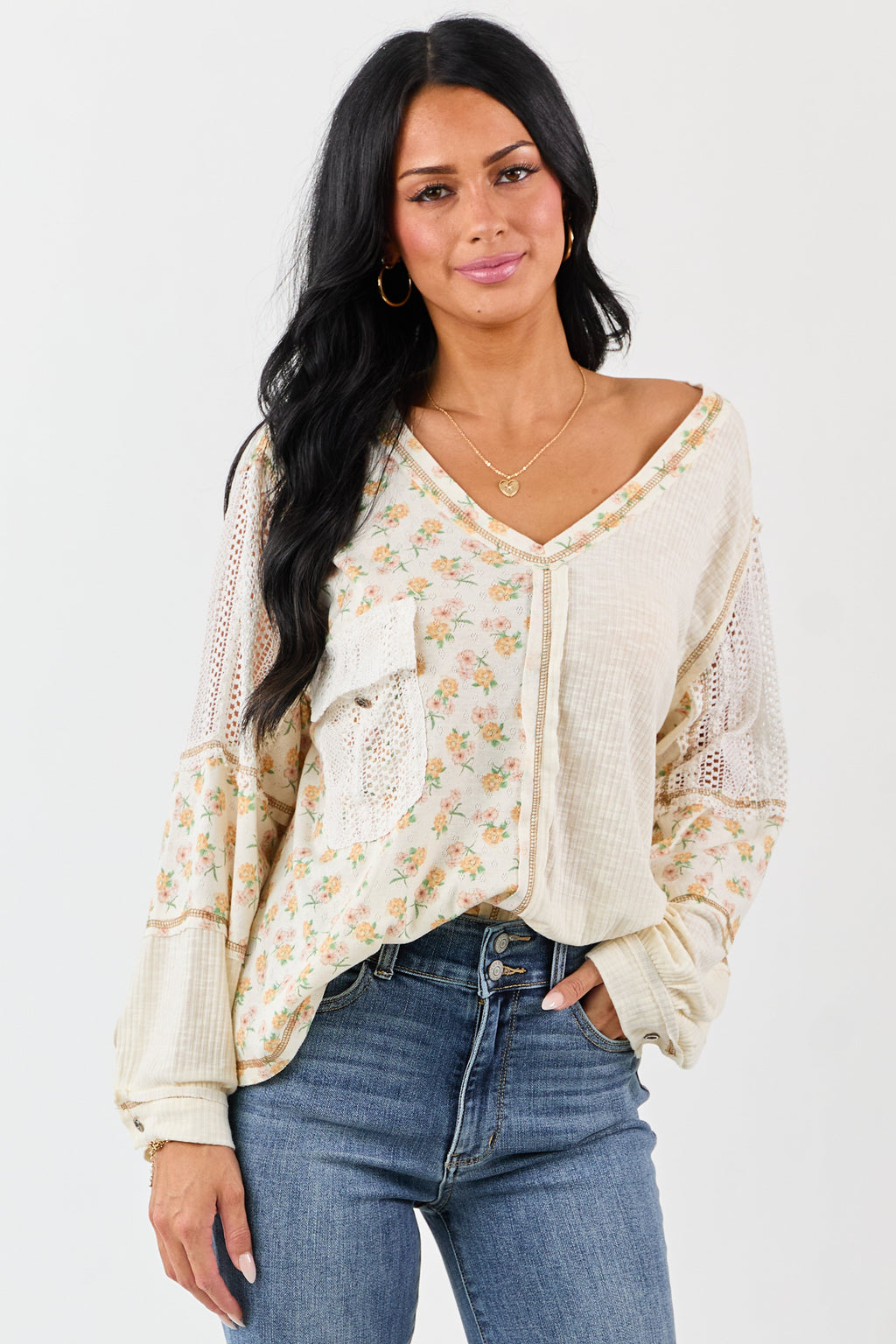 POL Cream Floral Print Colorblock Long Sleeve Top