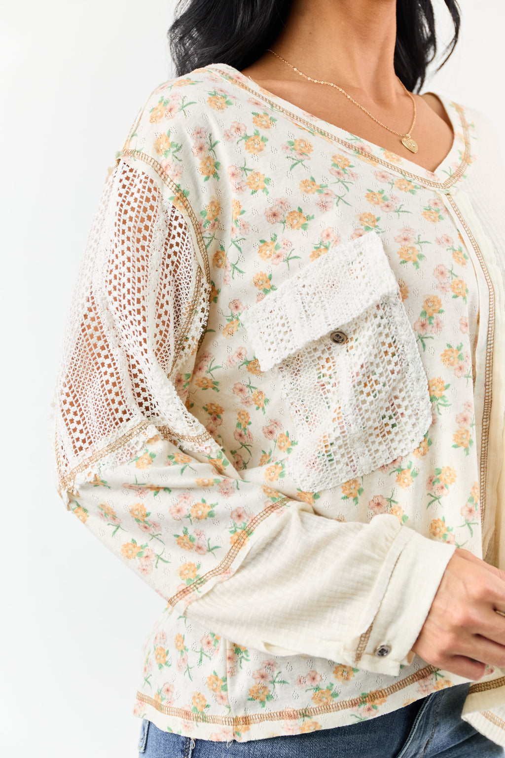 POL Cream Floral Print Colorblock Long Sleeve Top