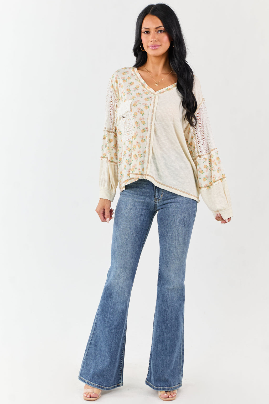 POL Cream Floral Print Colorblock Long Sleeve Top