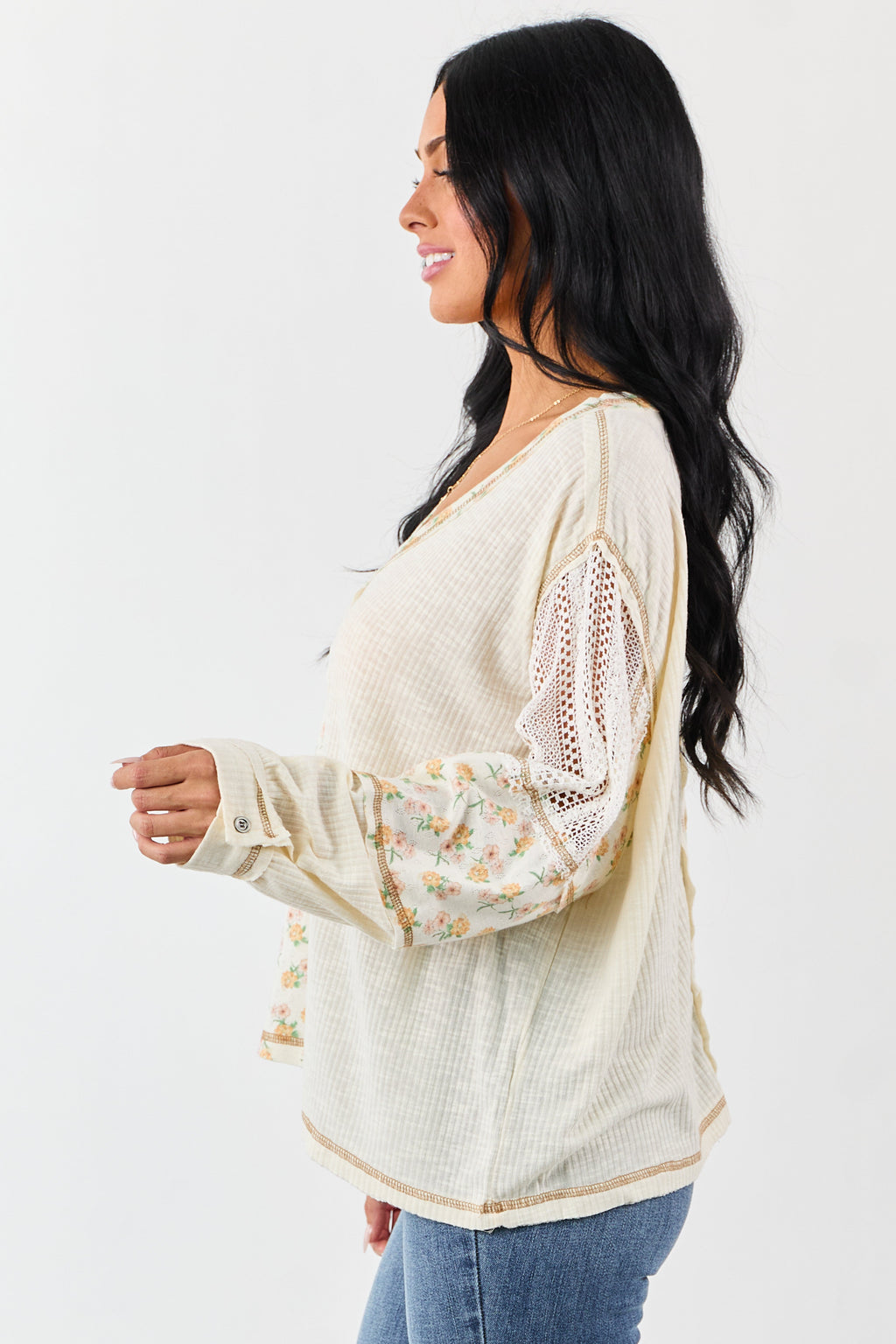 POL Cream Floral Print Colorblock Long Sleeve Top