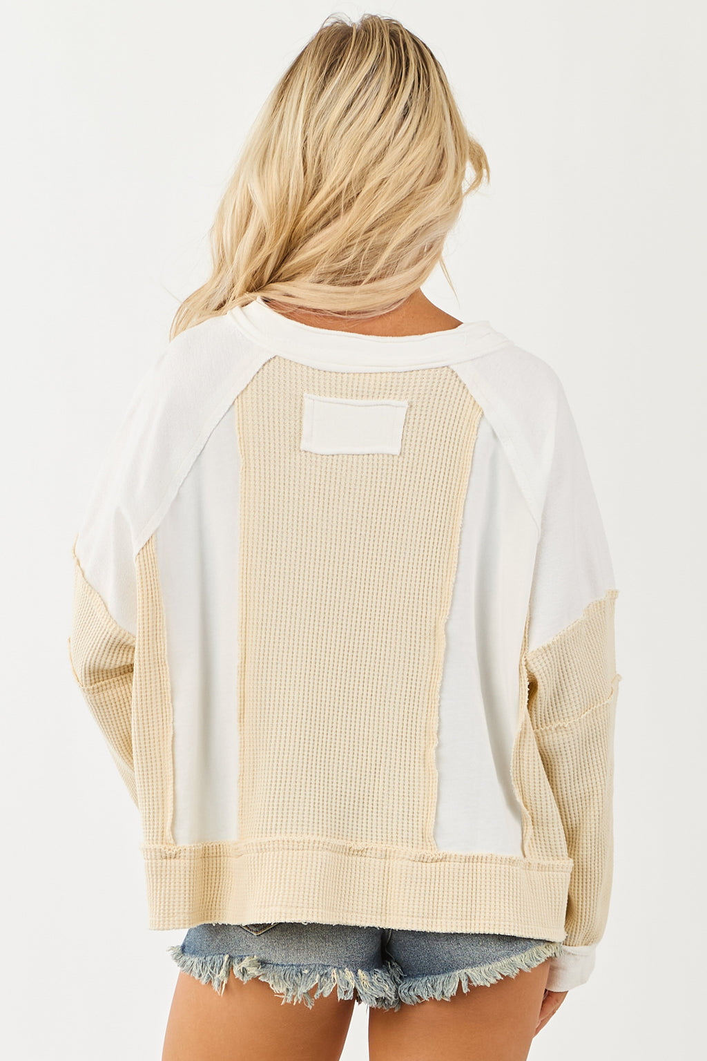 POL Cream Waffle Knit Colorblock Long Sleeve Top