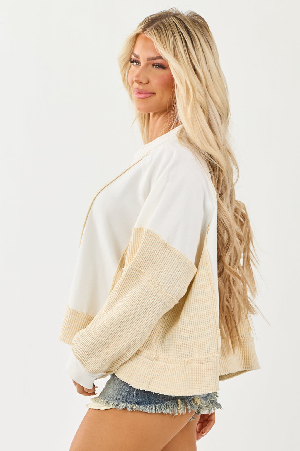 POL Cream Waffle Knit Colorblock Long Sleeve Top