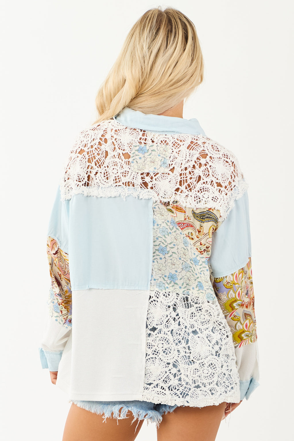 POL Light Wash Denim Patchwork Button Down Top