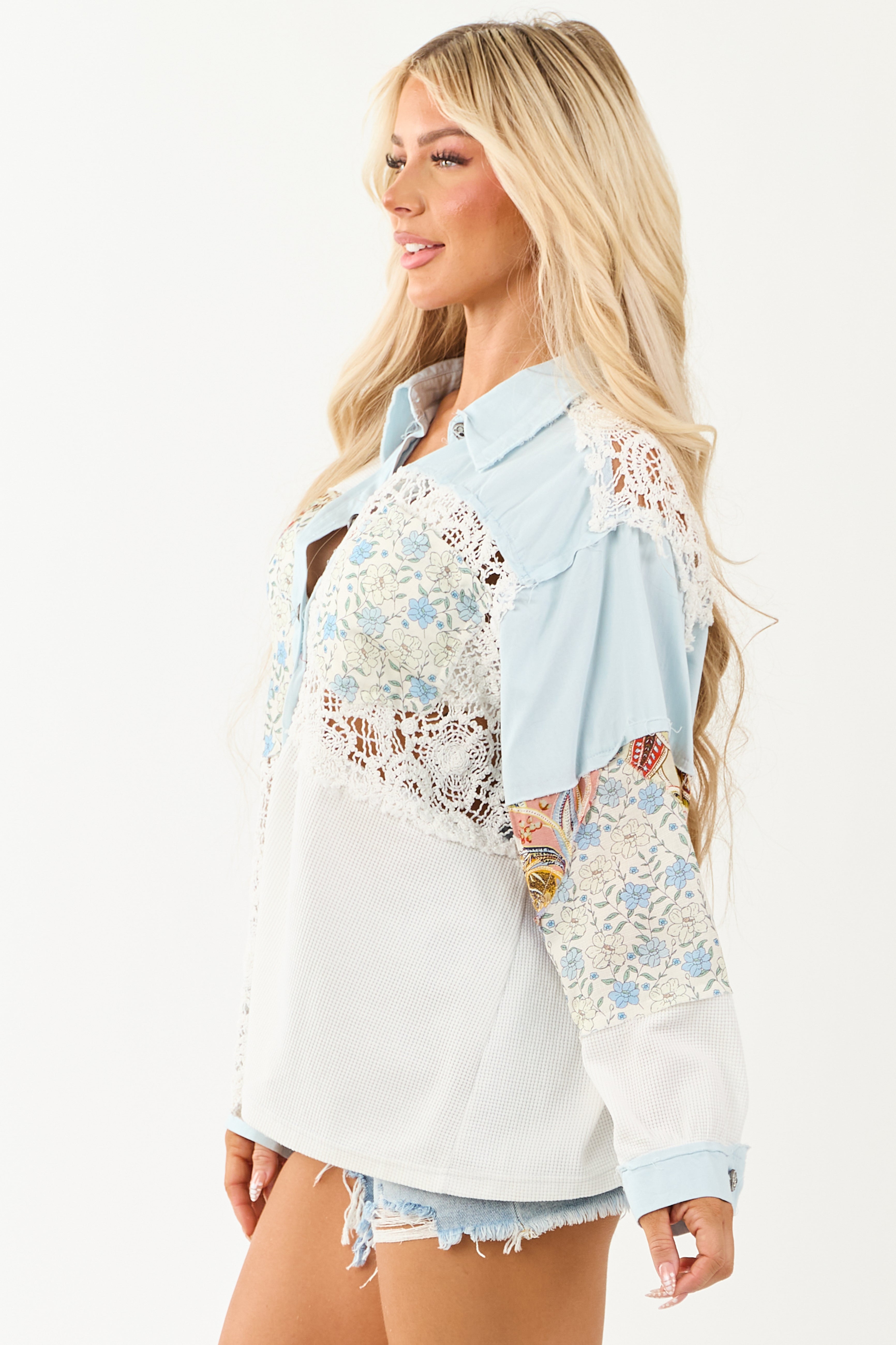 POL Light Wash Denim Patchwork Button Down Top