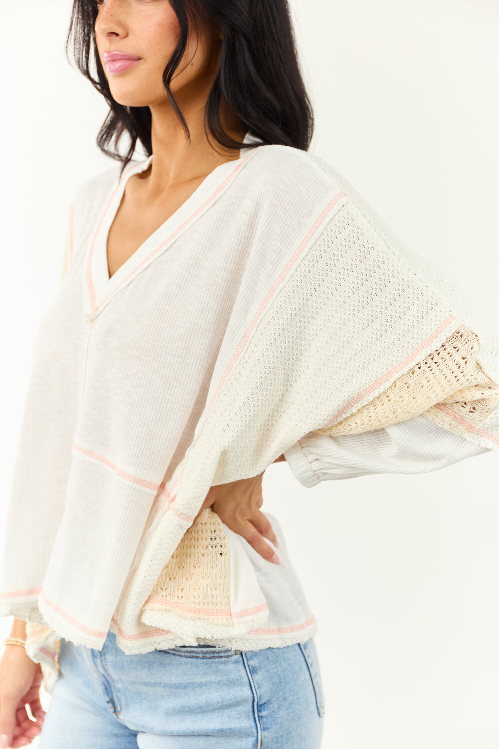 POL Off White and Cream Contrast Knit Relaxed Top