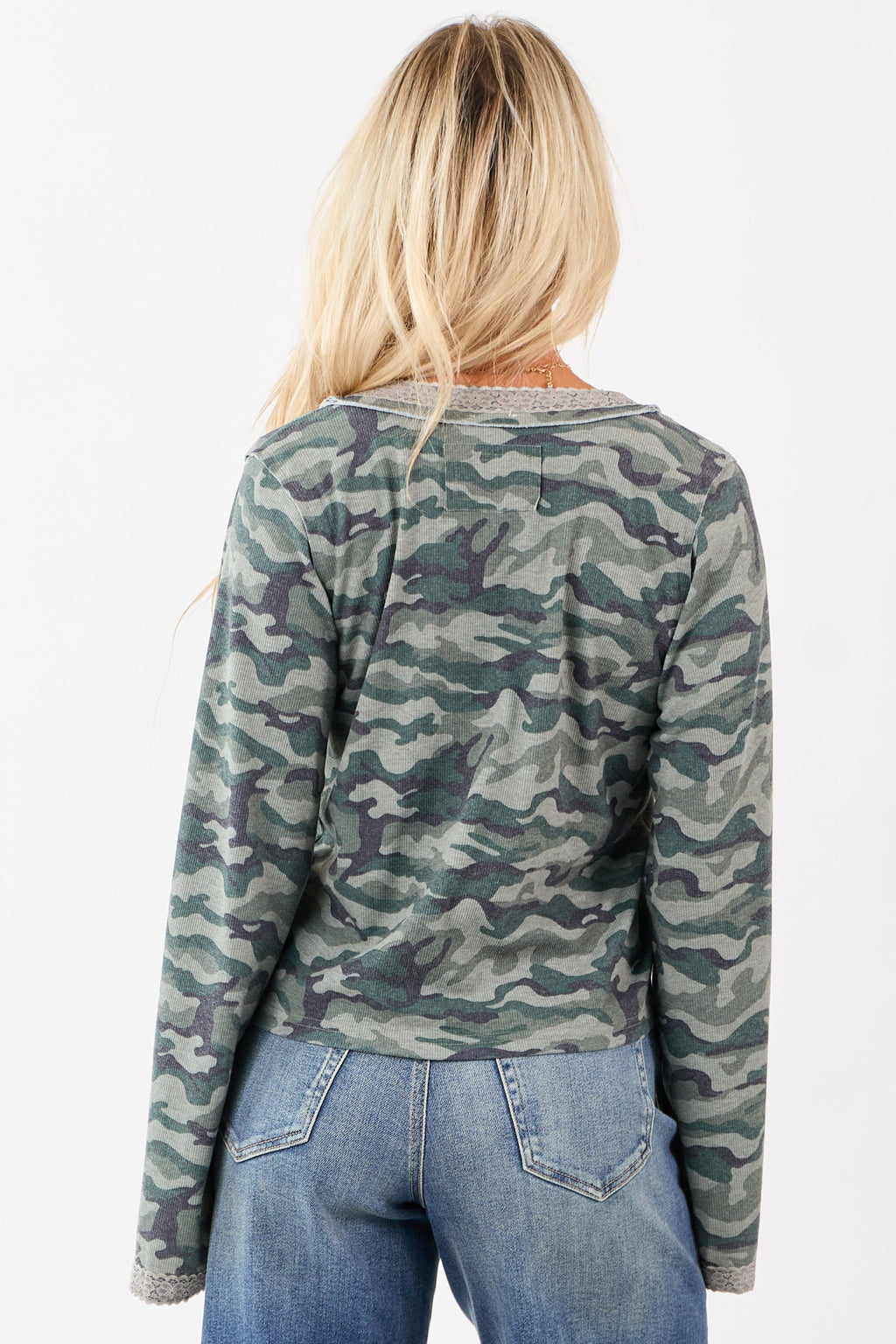 POL Sage Camo Print Button Down Long Sleeve Top