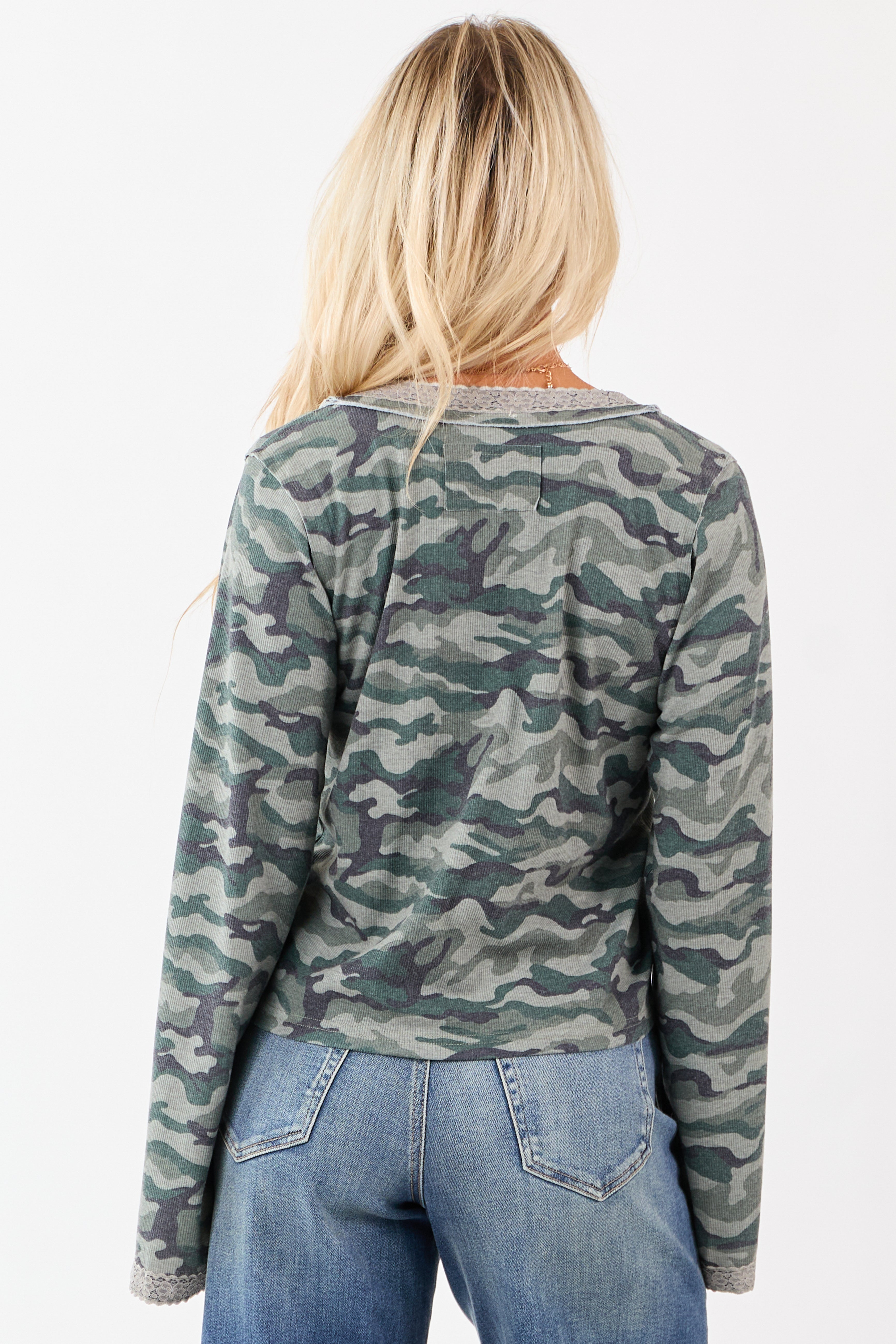 POL Sage Camo Print Button Down Long Sleeve Top