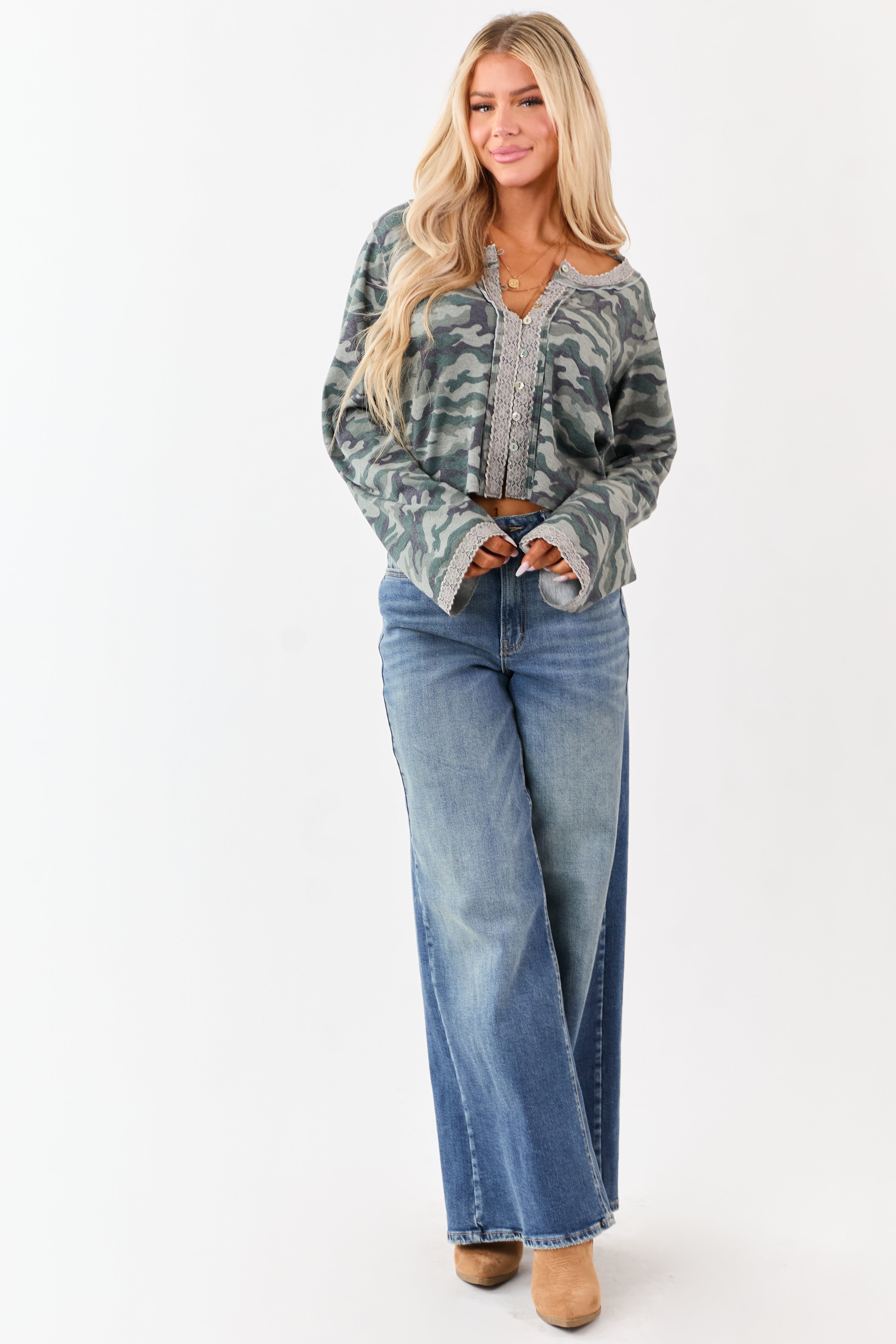 POL Sage Camo Print Button Down Long Sleeve Top