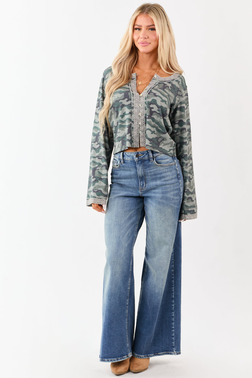 POL Sage Camo Print Button Down Long Sleeve Top