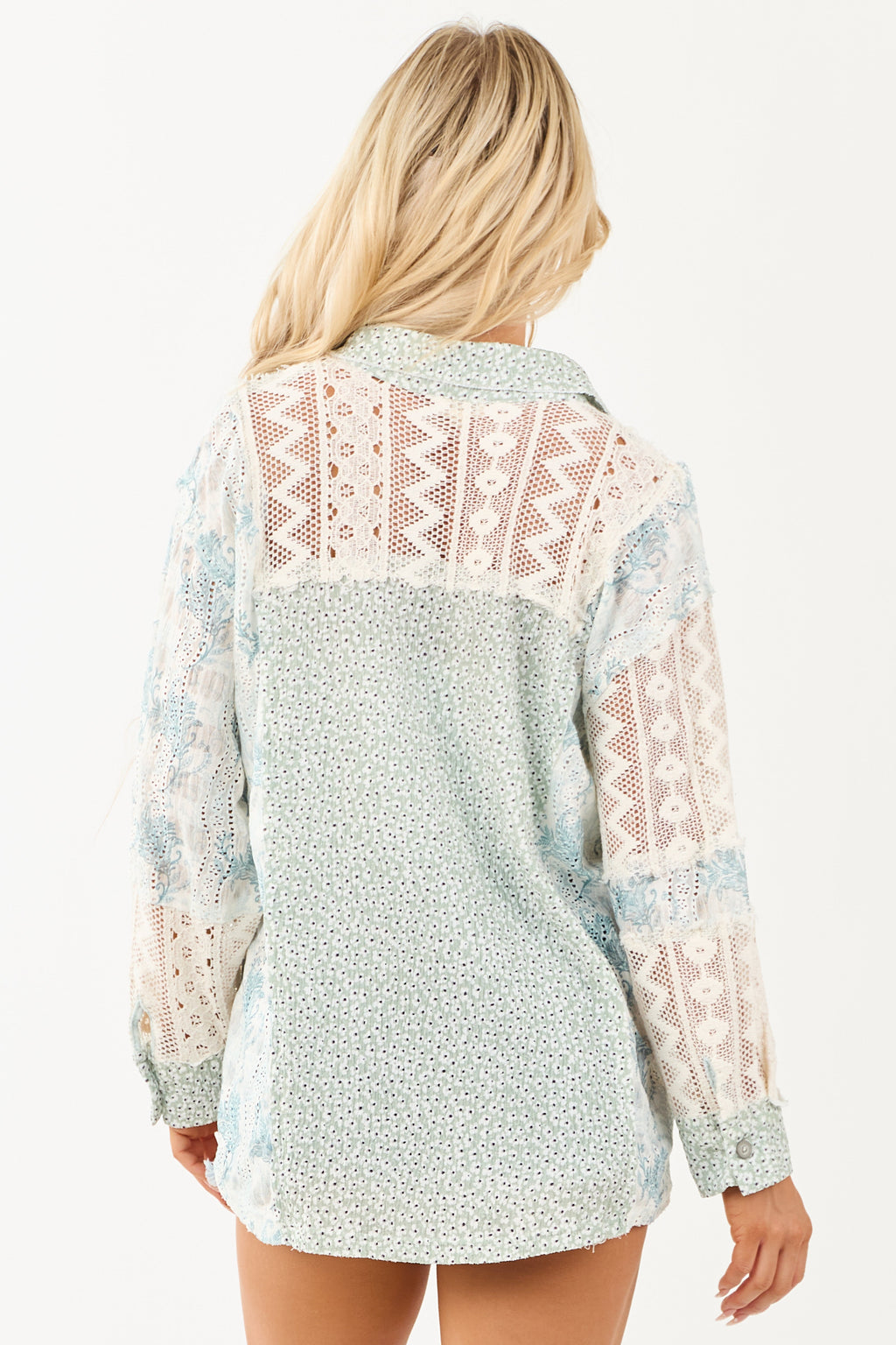 POL Sage Patchwork Button Down Long Sleeve Top