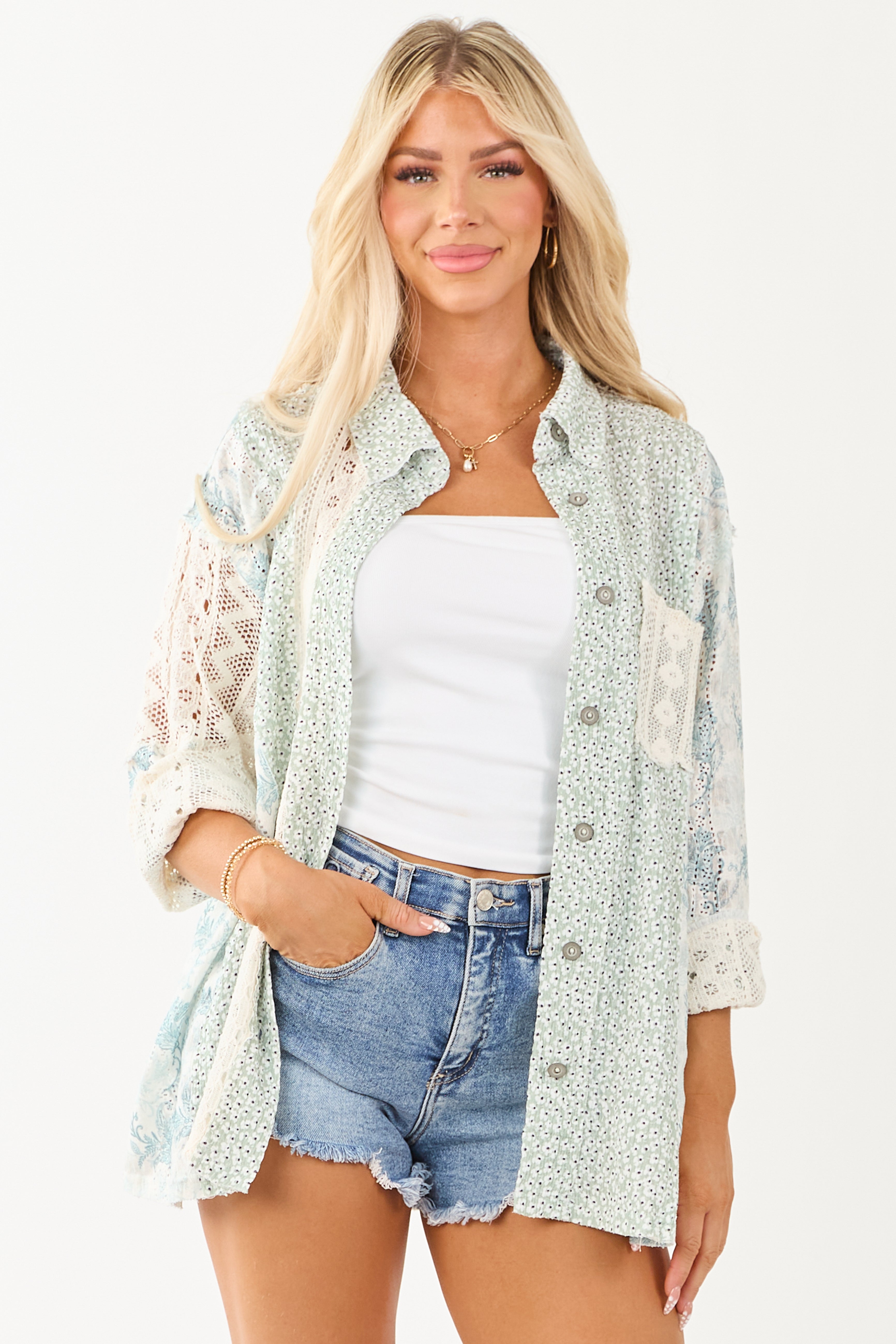 POL Sage Patchwork Button Down Long Sleeve Top