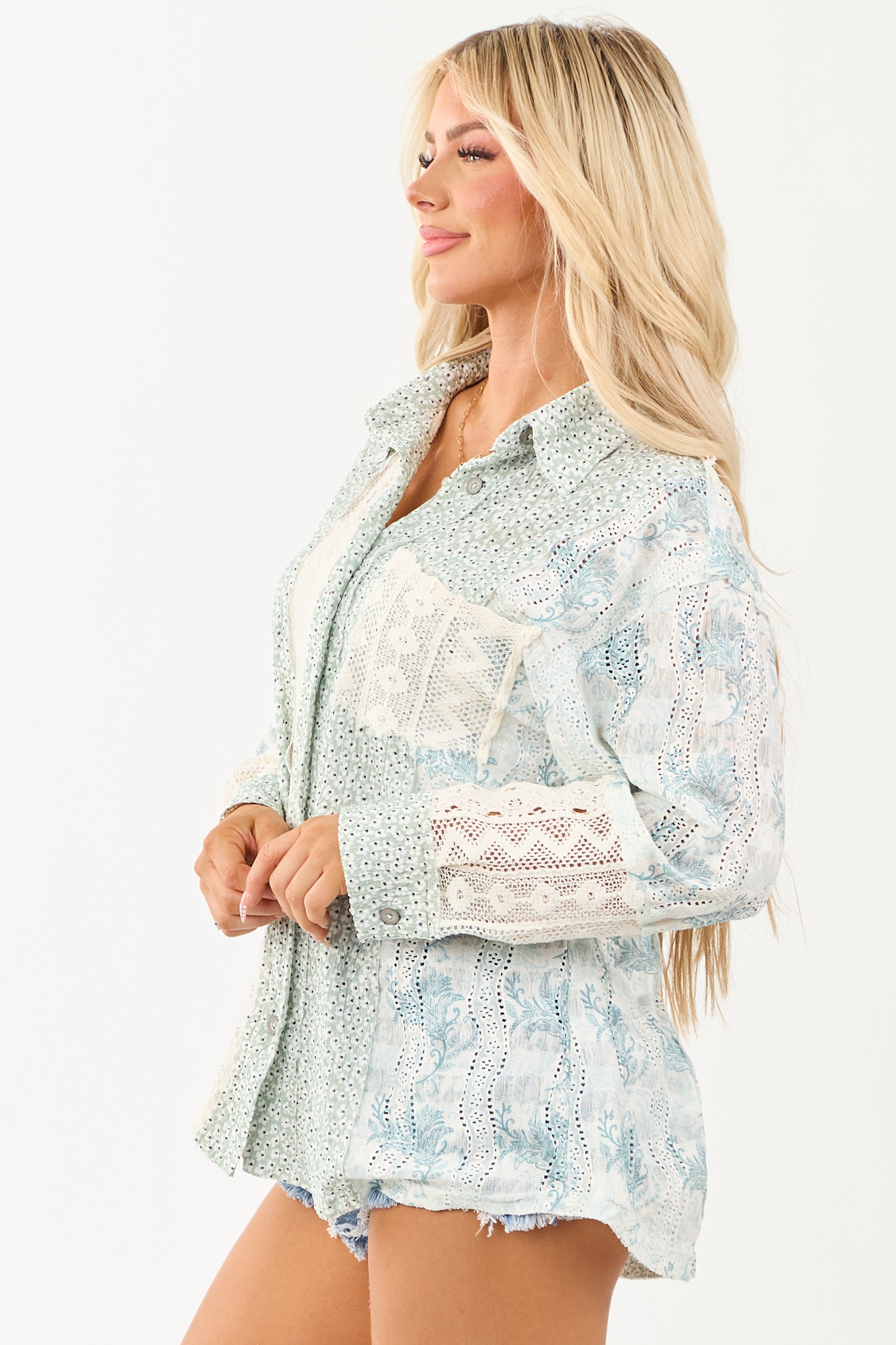POL Sage Patchwork Button Down Long Sleeve Top