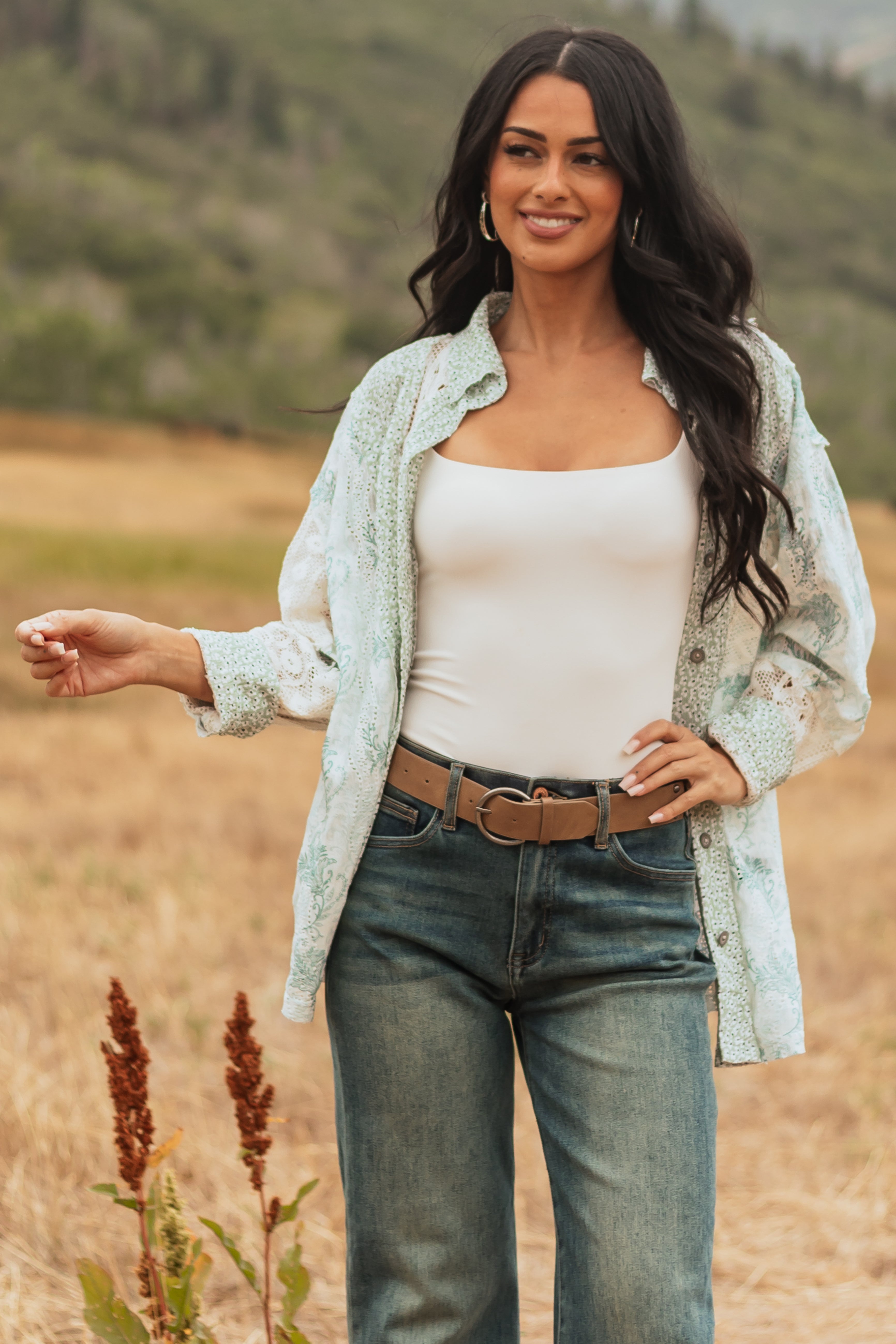 POL Sage Patchwork Button Down Long Sleeve Top