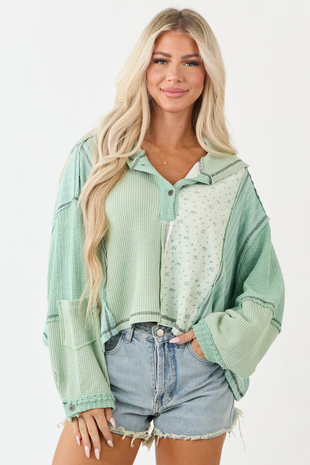 POL Sage Patchwork Long Sleeve Cotton Hooded Top