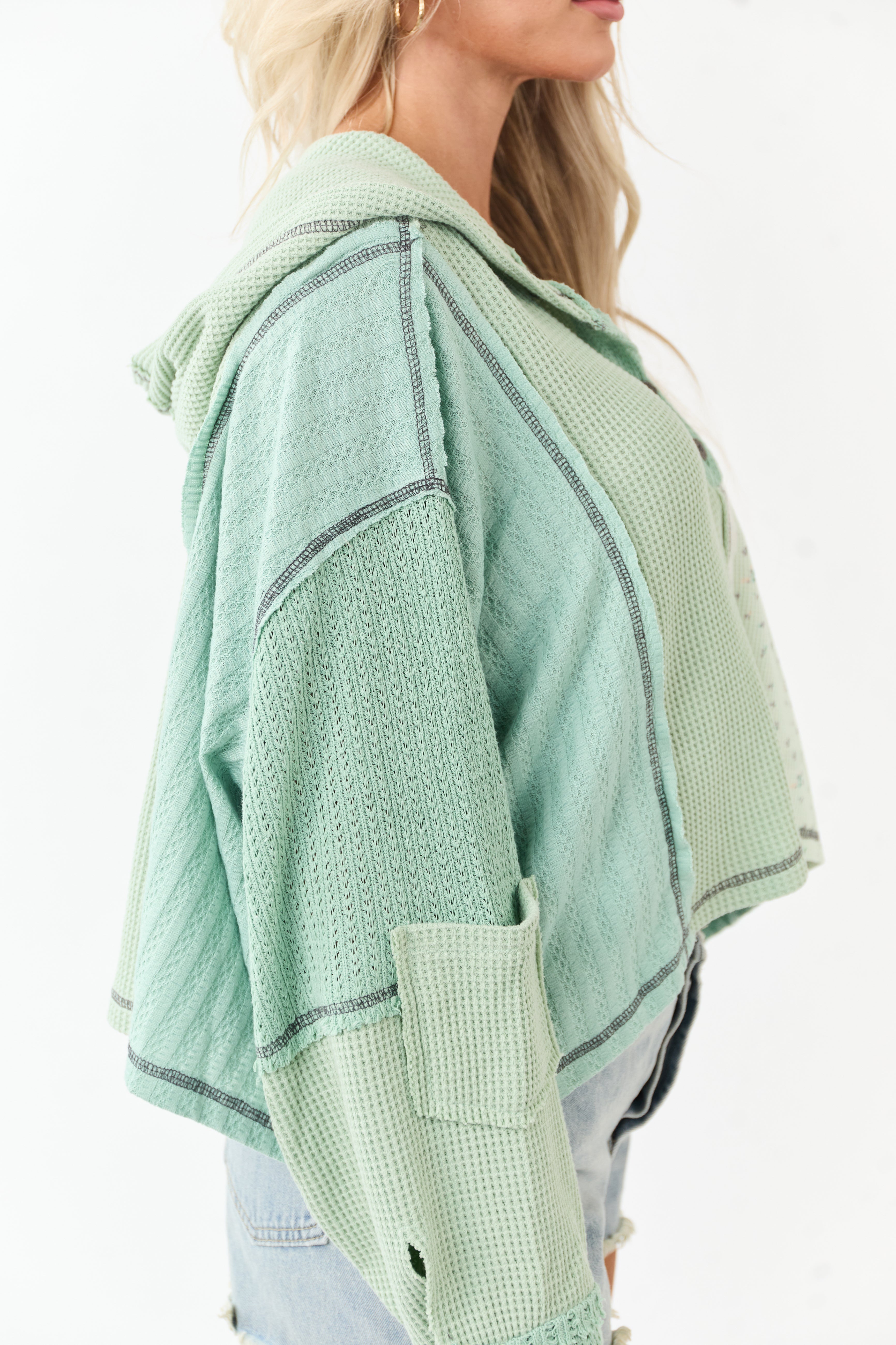 POL Sage Patchwork Long Sleeve Cotton Hooded Top