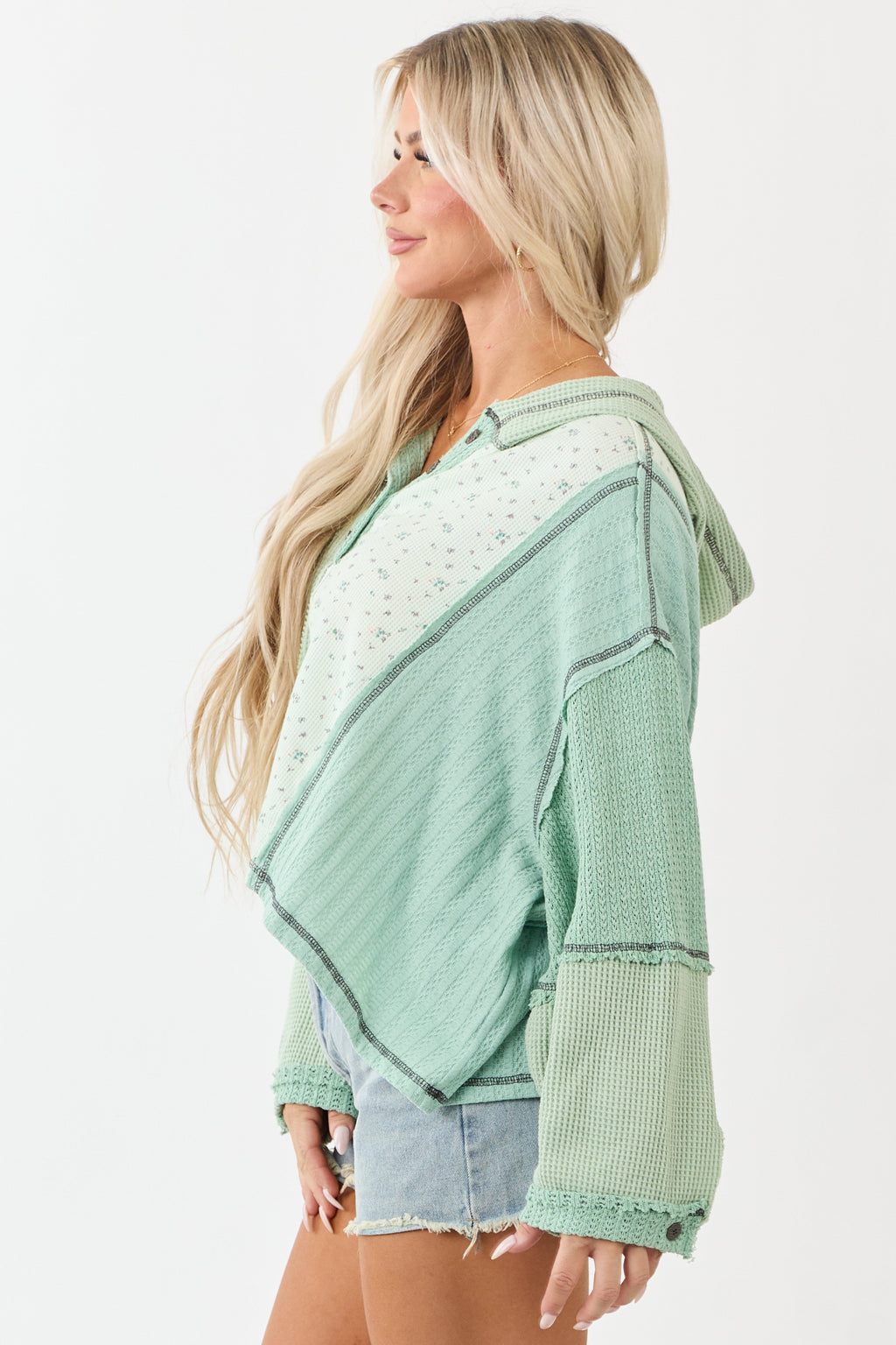 POL Sage Patchwork Long Sleeve Cotton Hooded Top