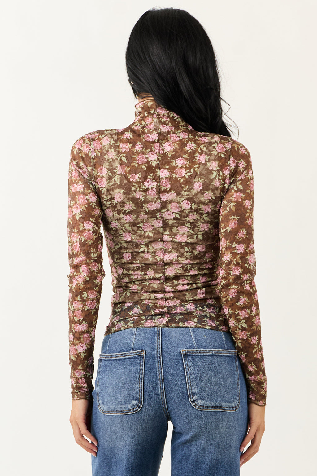 Peanut Floral Print High Neck Long Sleeve Mesh Top