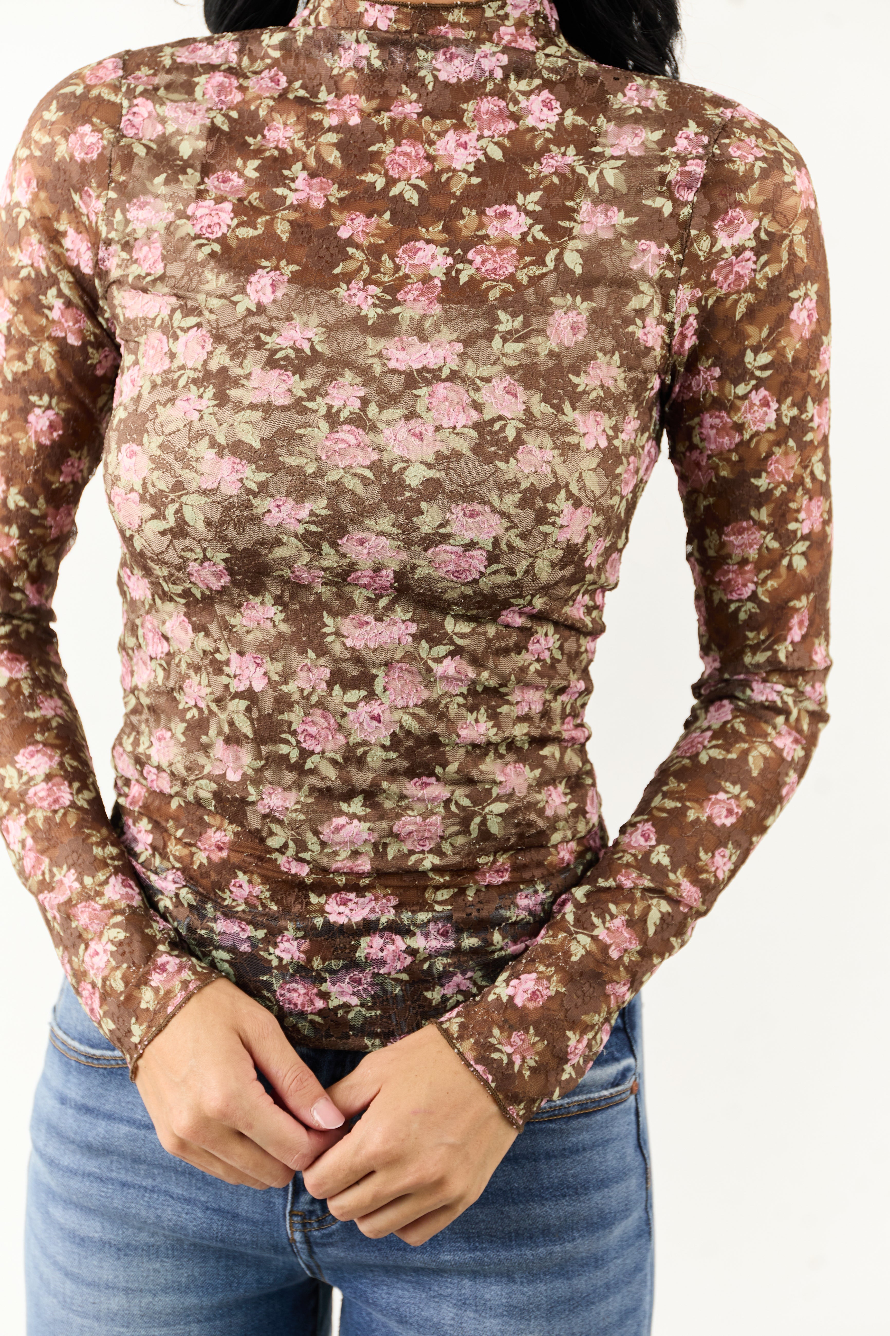 Peanut Floral Print High Neck Long Sleeve Mesh Top