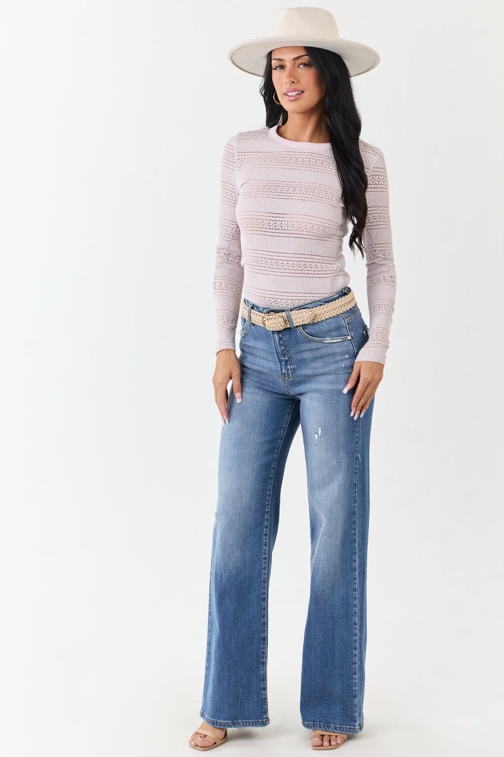 Periwinkle Ribbed Knit Floral Lace Long Sleeve Top