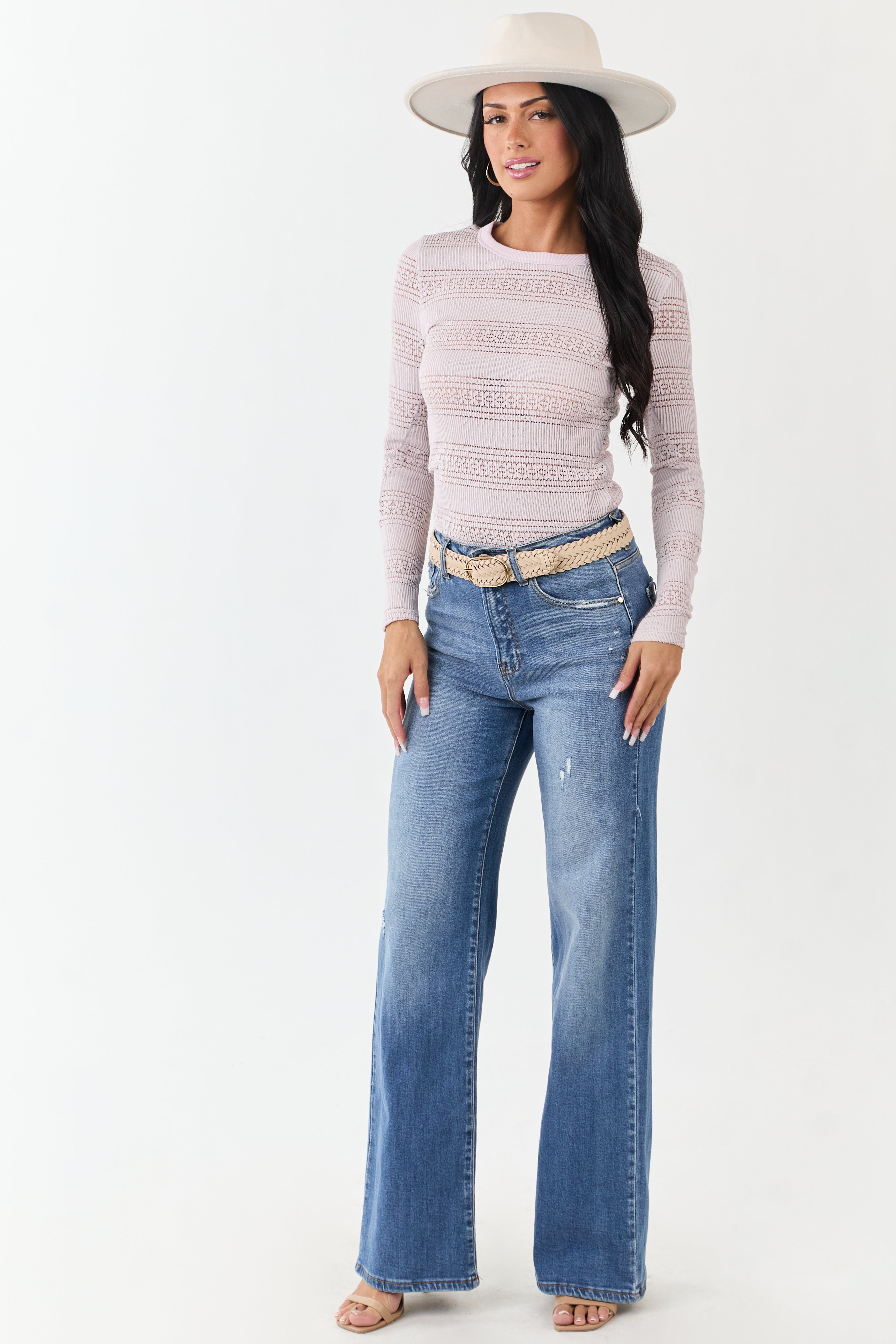 Periwinkle Ribbed Knit Floral Lace Long Sleeve Top