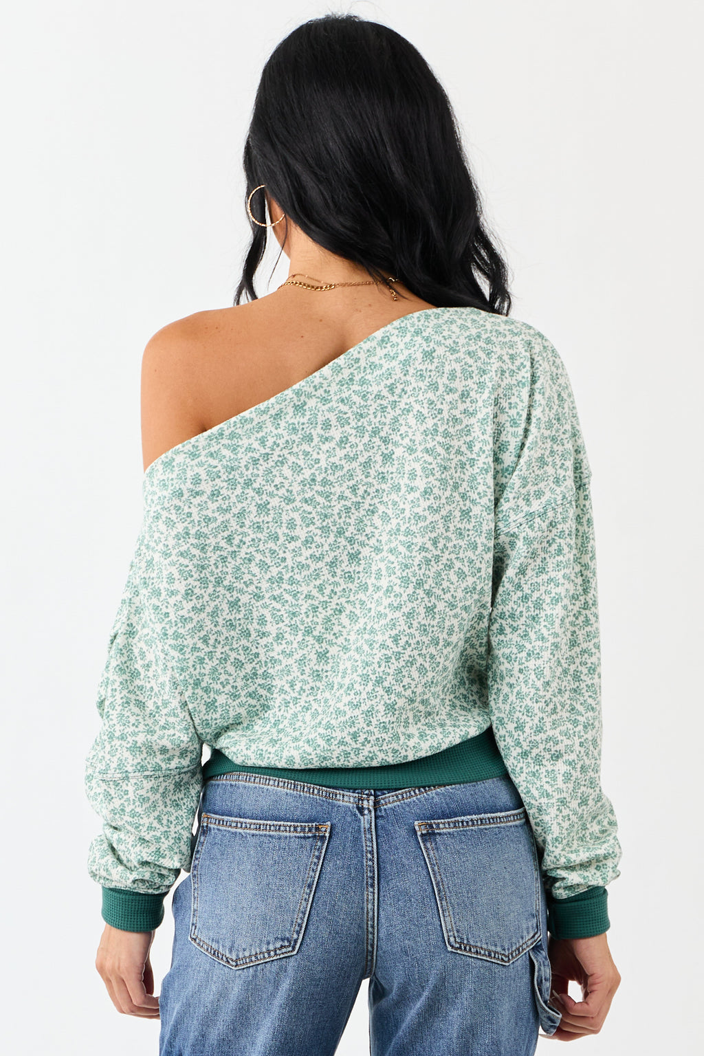 Pine Ditsy Floral One Shoulder Ruched Long Sleeve Top