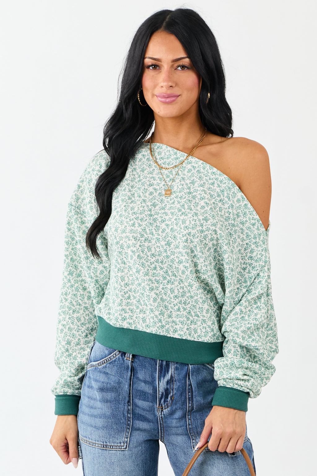Pine Ditsy Floral One Shoulder Ruched Long Sleeve Top