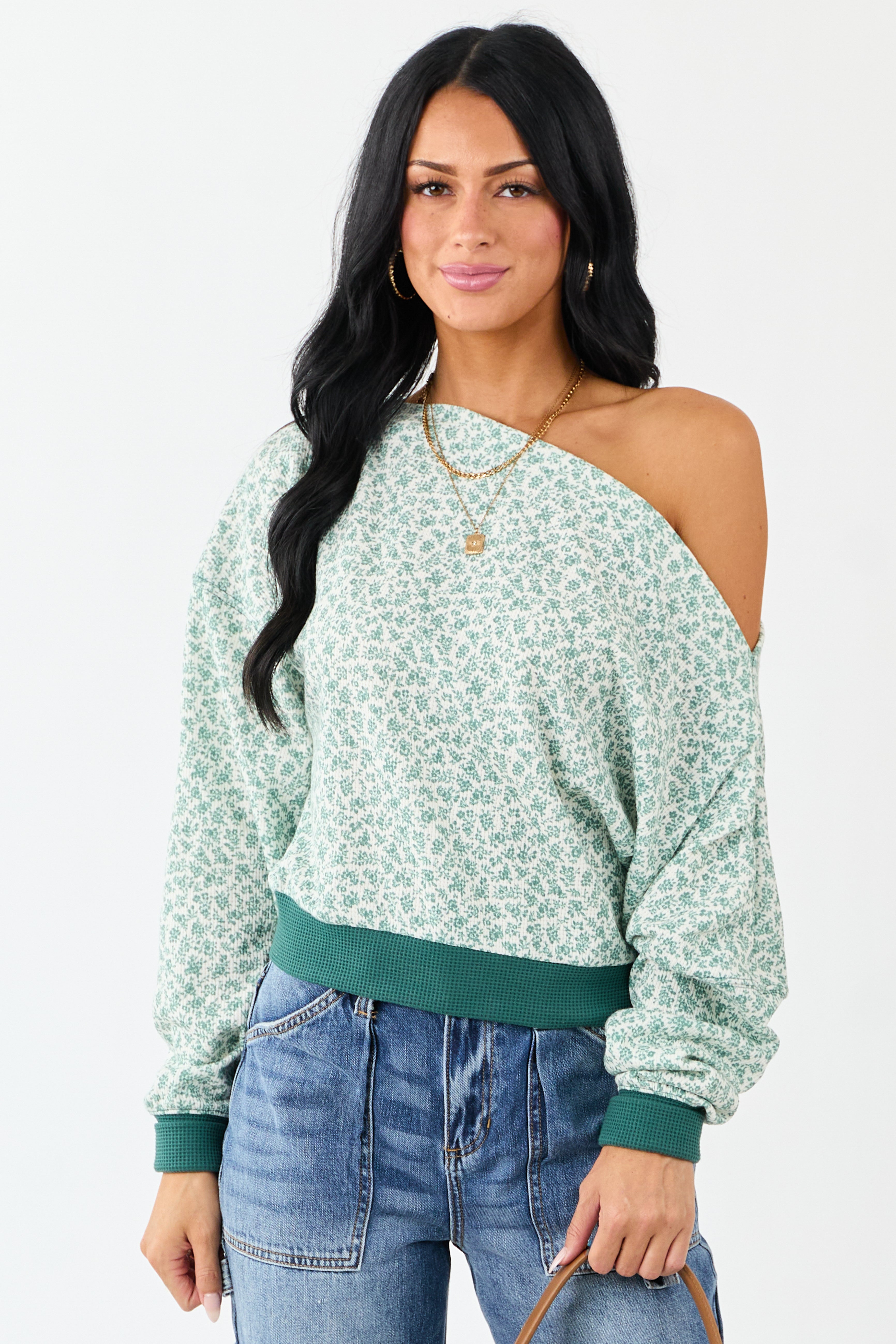 Pine Ditsy Floral One Shoulder Ruched Long Sleeve Top