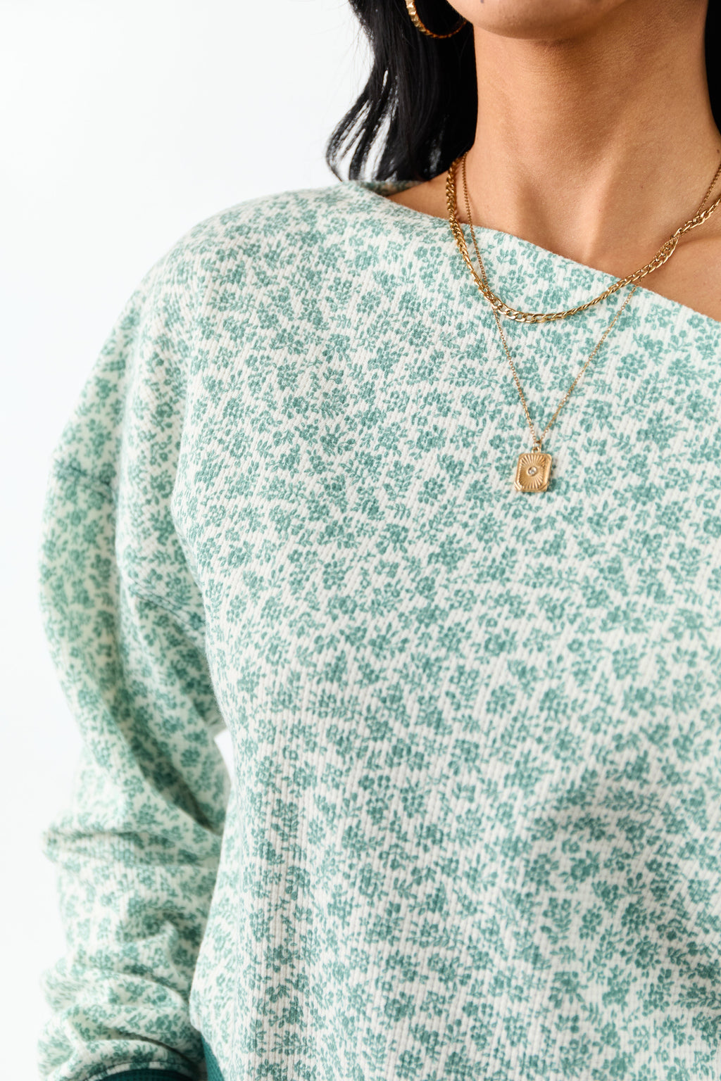 Pine Ditsy Floral One Shoulder Ruched Long Sleeve Top