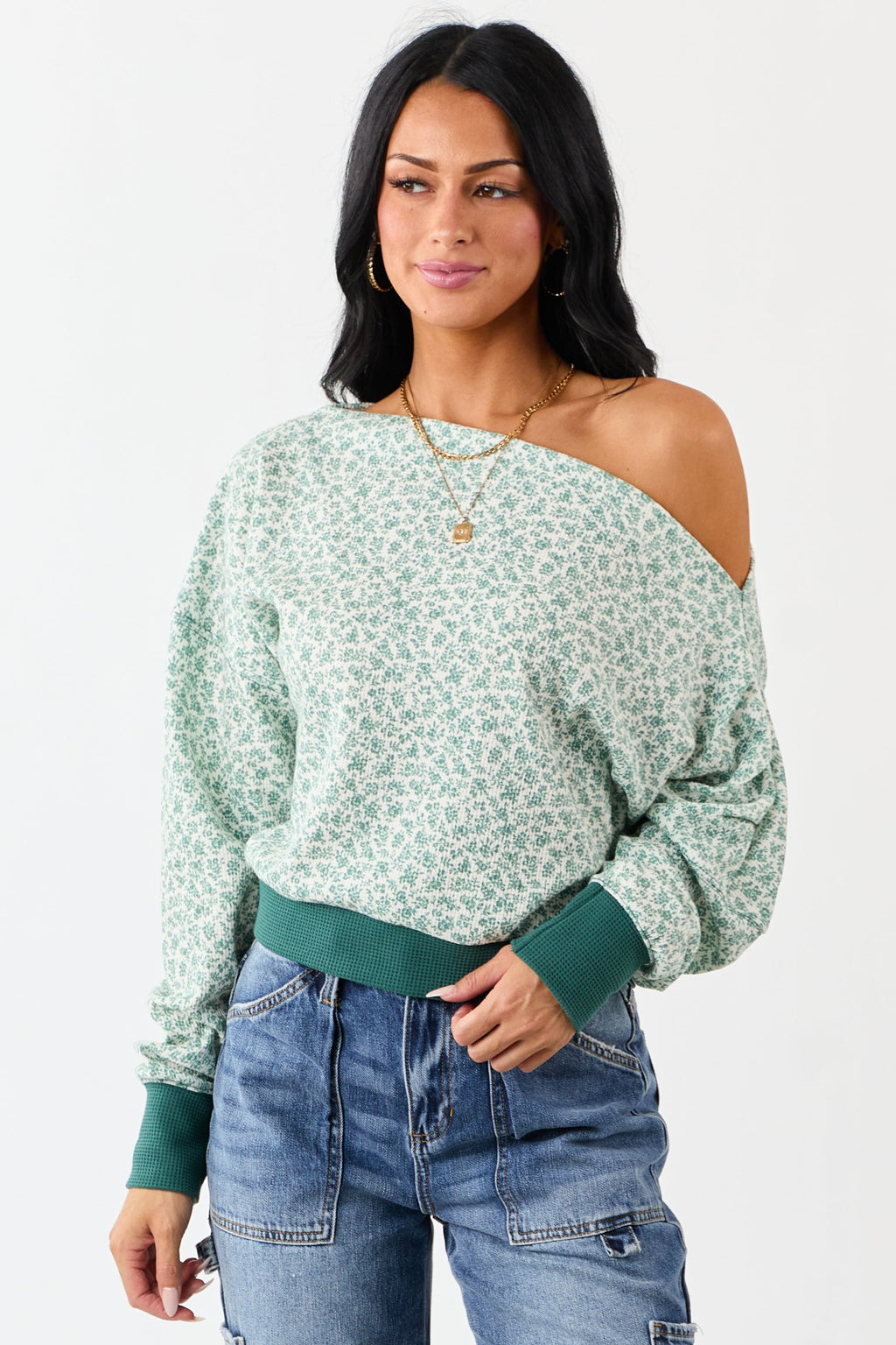 Pine Ditsy Floral One Shoulder Ruched Long Sleeve Top