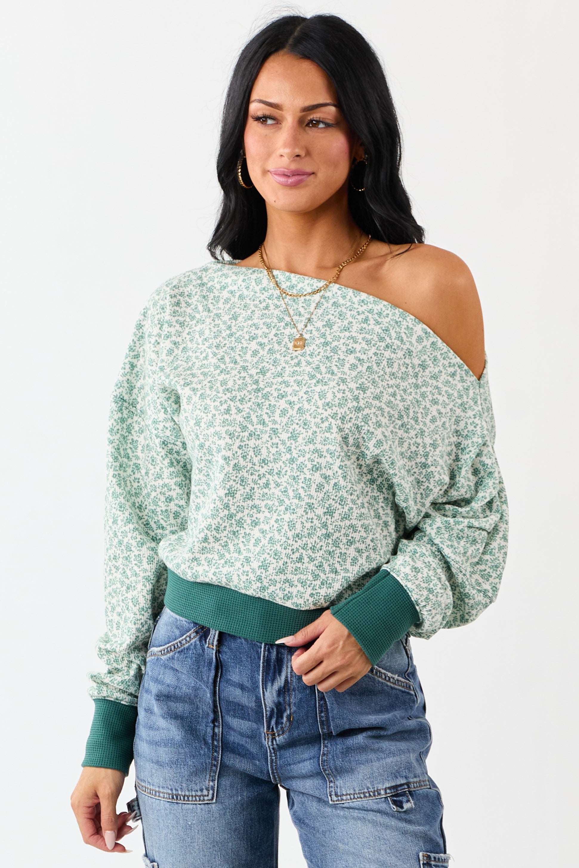 Pine Ditsy Floral One Shoulder Ruched Long Sleeve Top