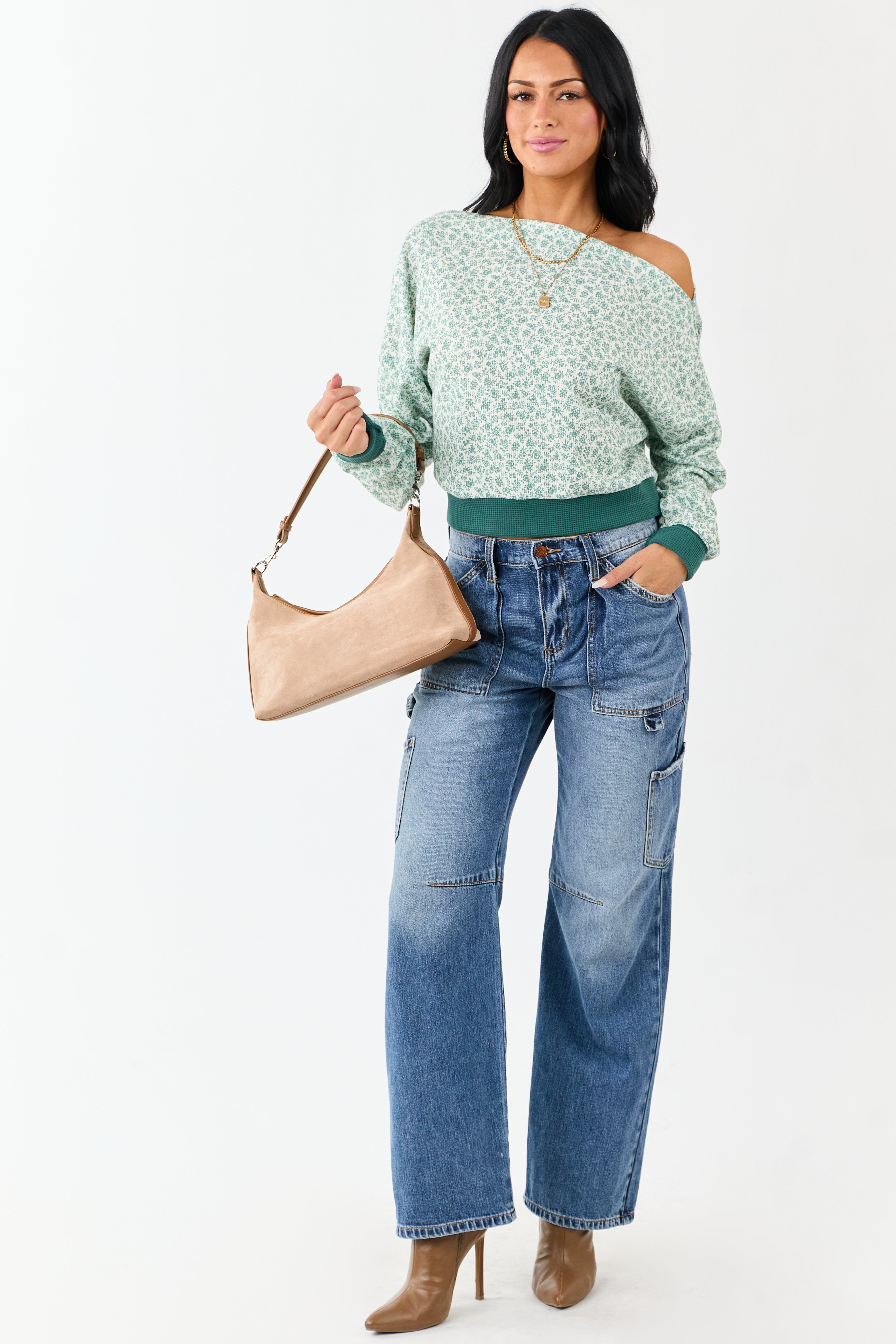 Pine Ditsy Floral One Shoulder Ruched Long Sleeve Top