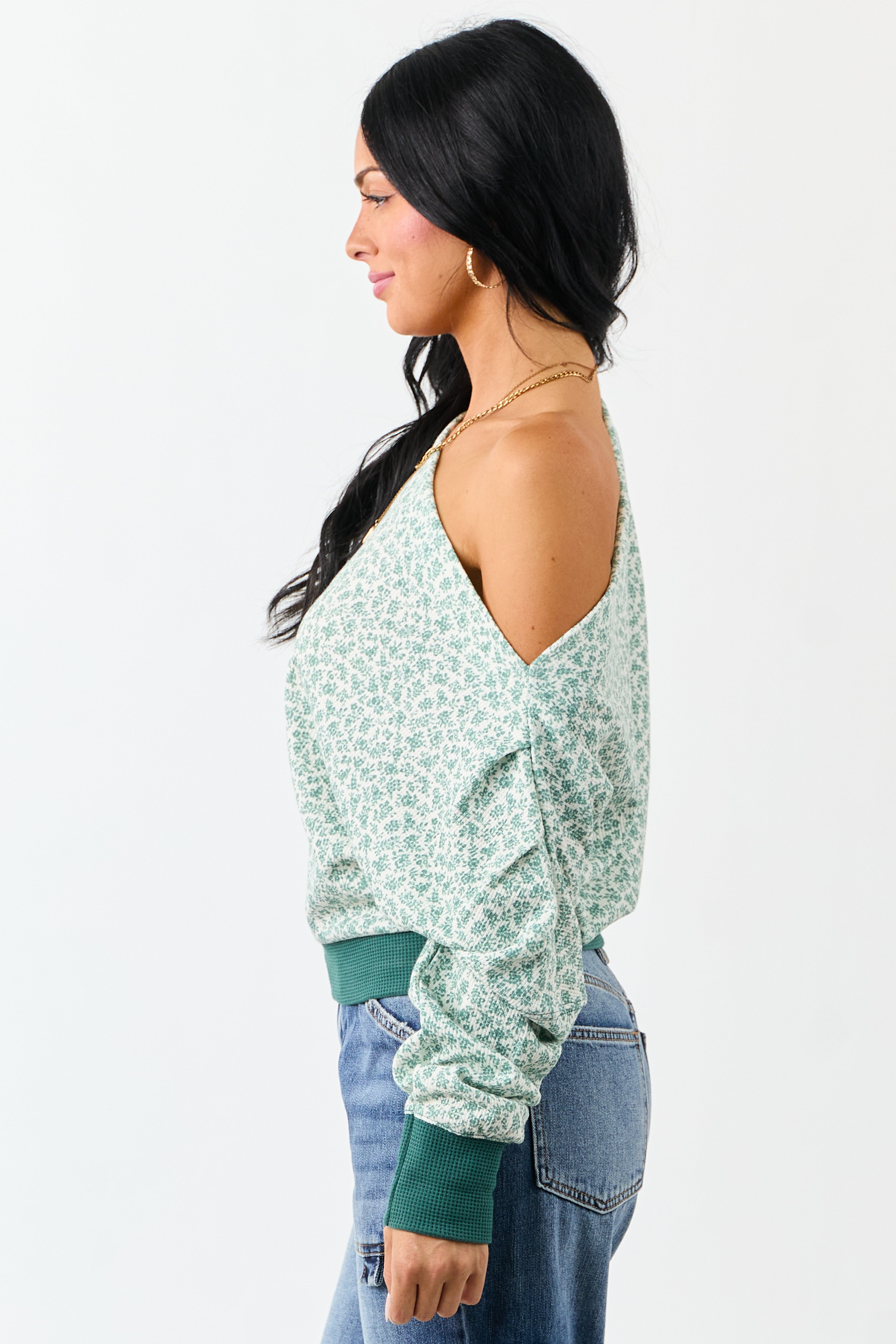 Pine Ditsy Floral One Shoulder Ruched Long Sleeve Top