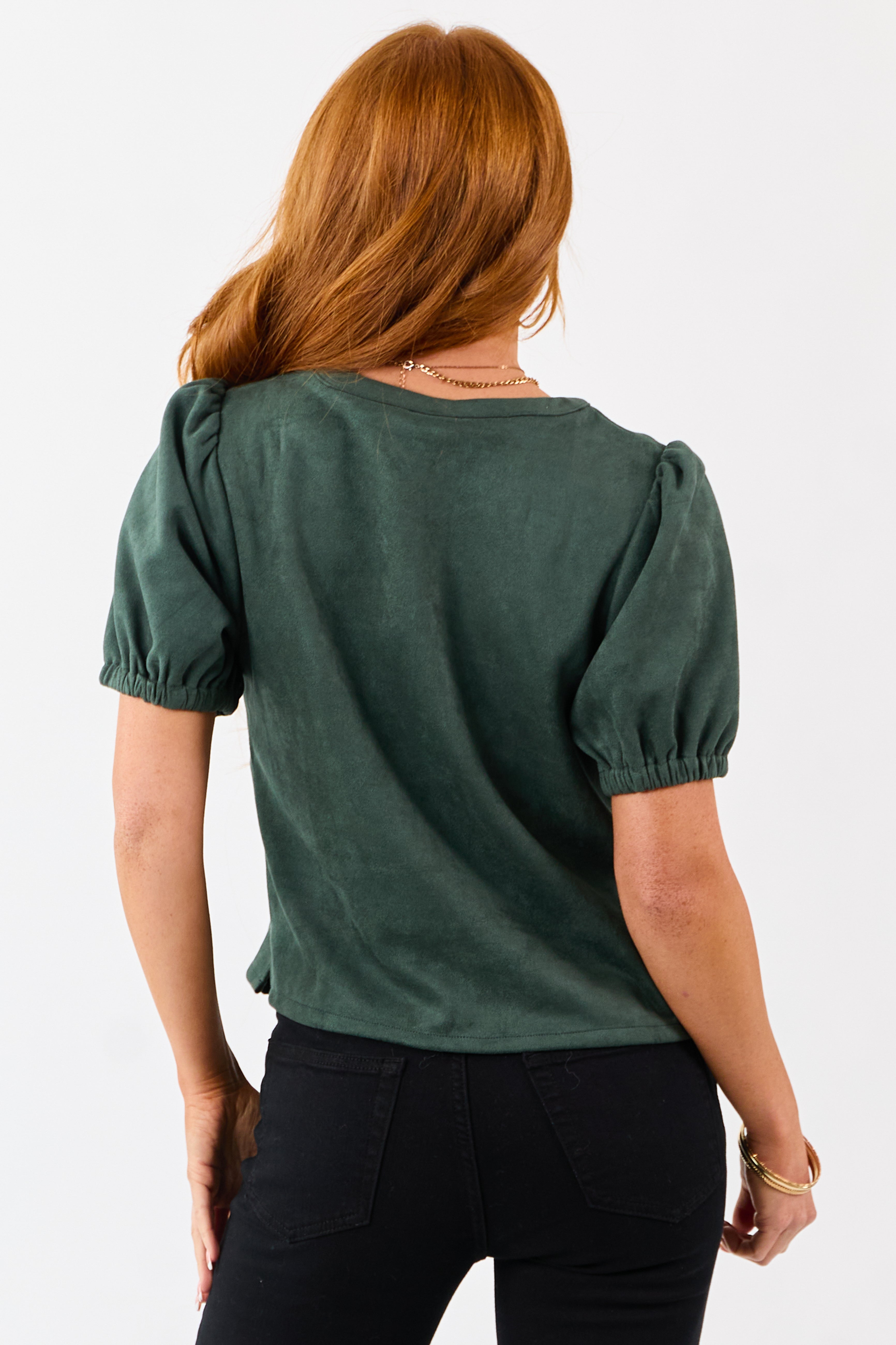 Pine Faux Suede Half Puff Sleeve V Notch Top