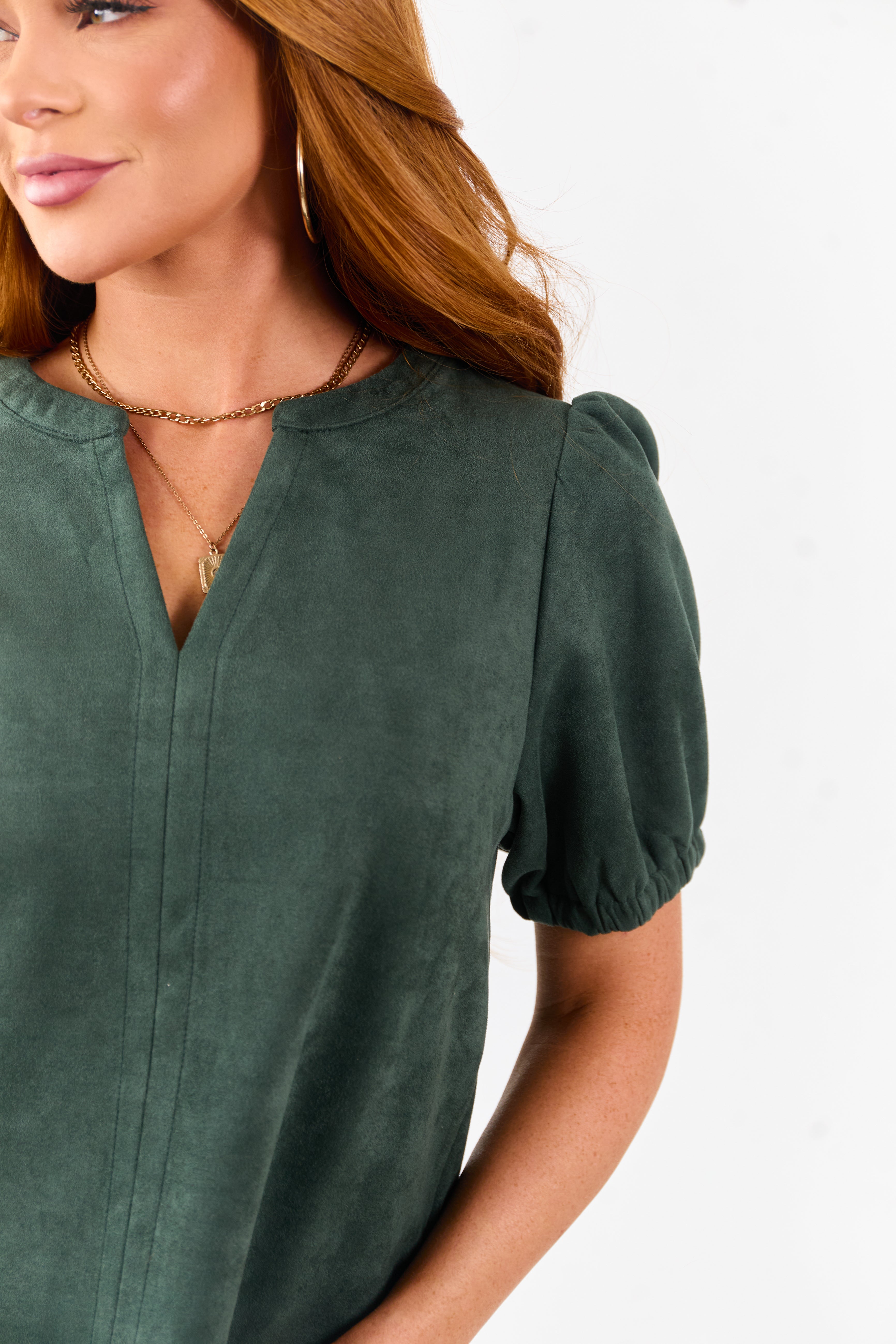 Pine Faux Suede Half Puff Sleeve V Notch Top