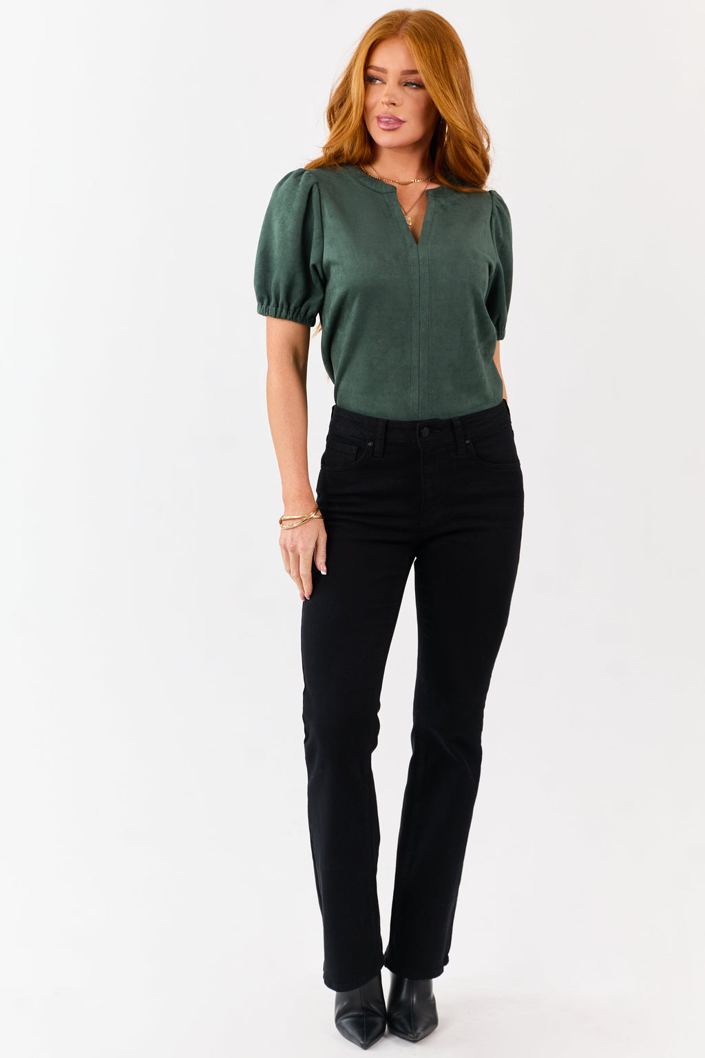Pine Faux Suede Half Puff Sleeve V Notch Top