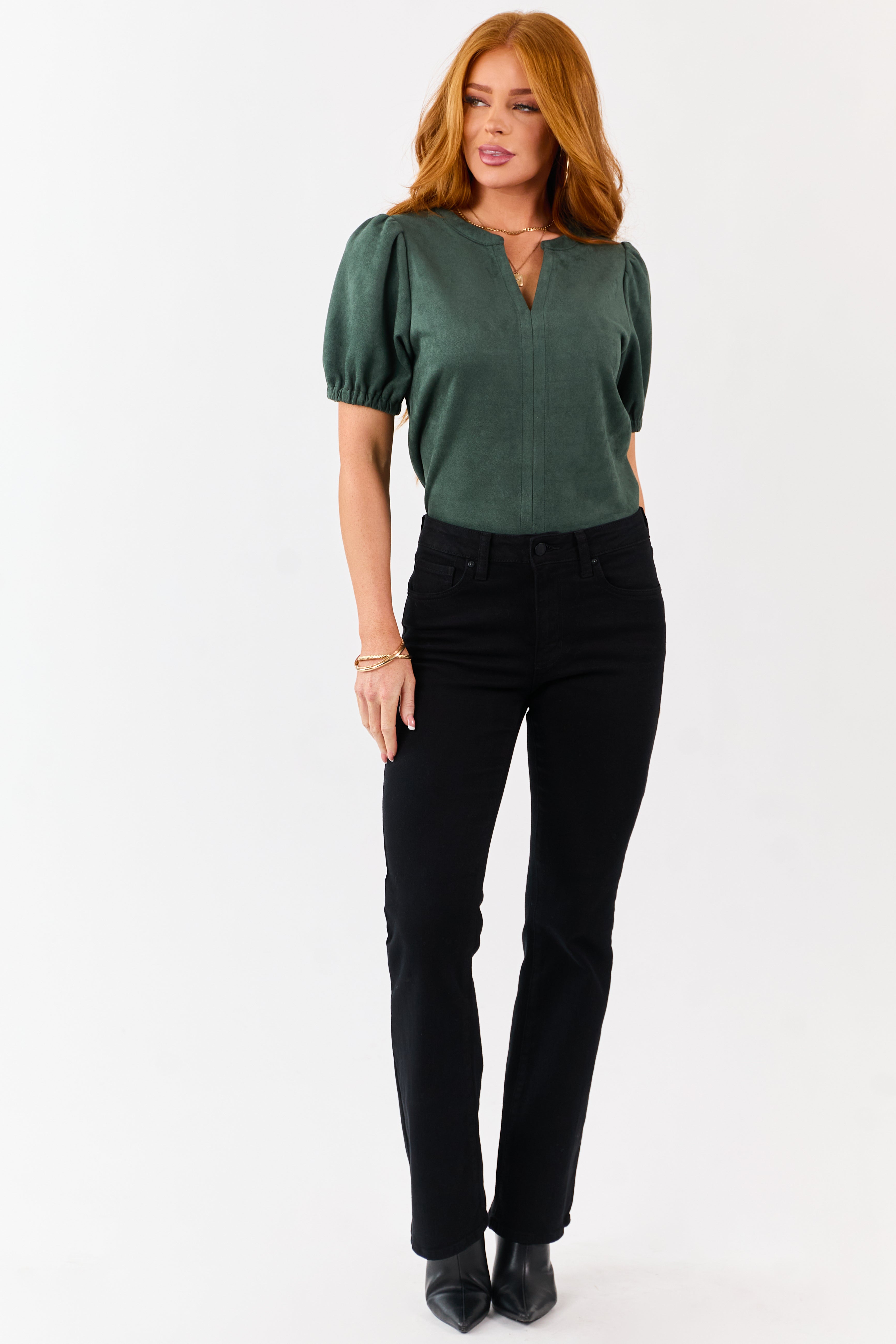 Pine Faux Suede Half Puff Sleeve V Notch Top