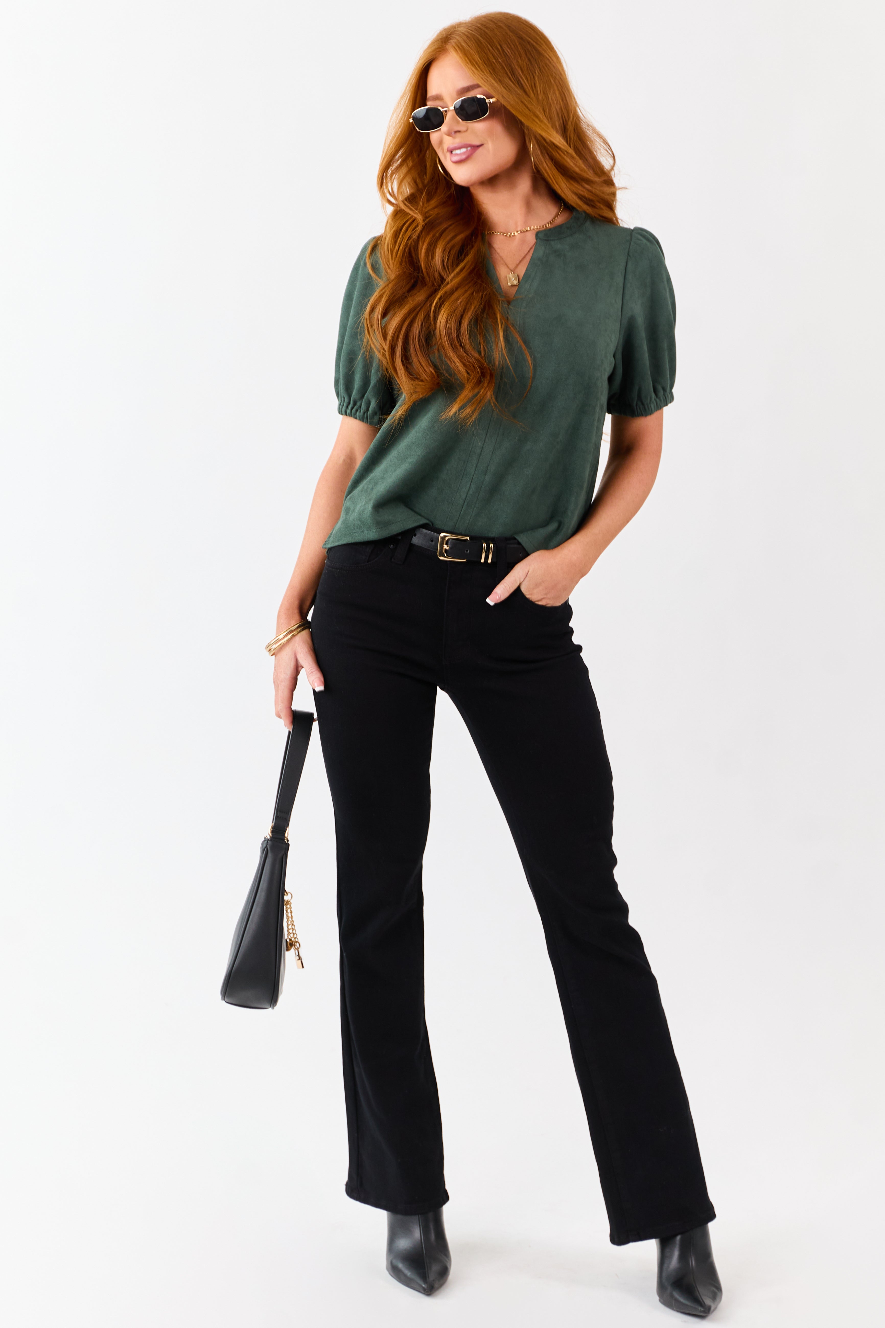 Pine Faux Suede Half Puff Sleeve V Notch Top