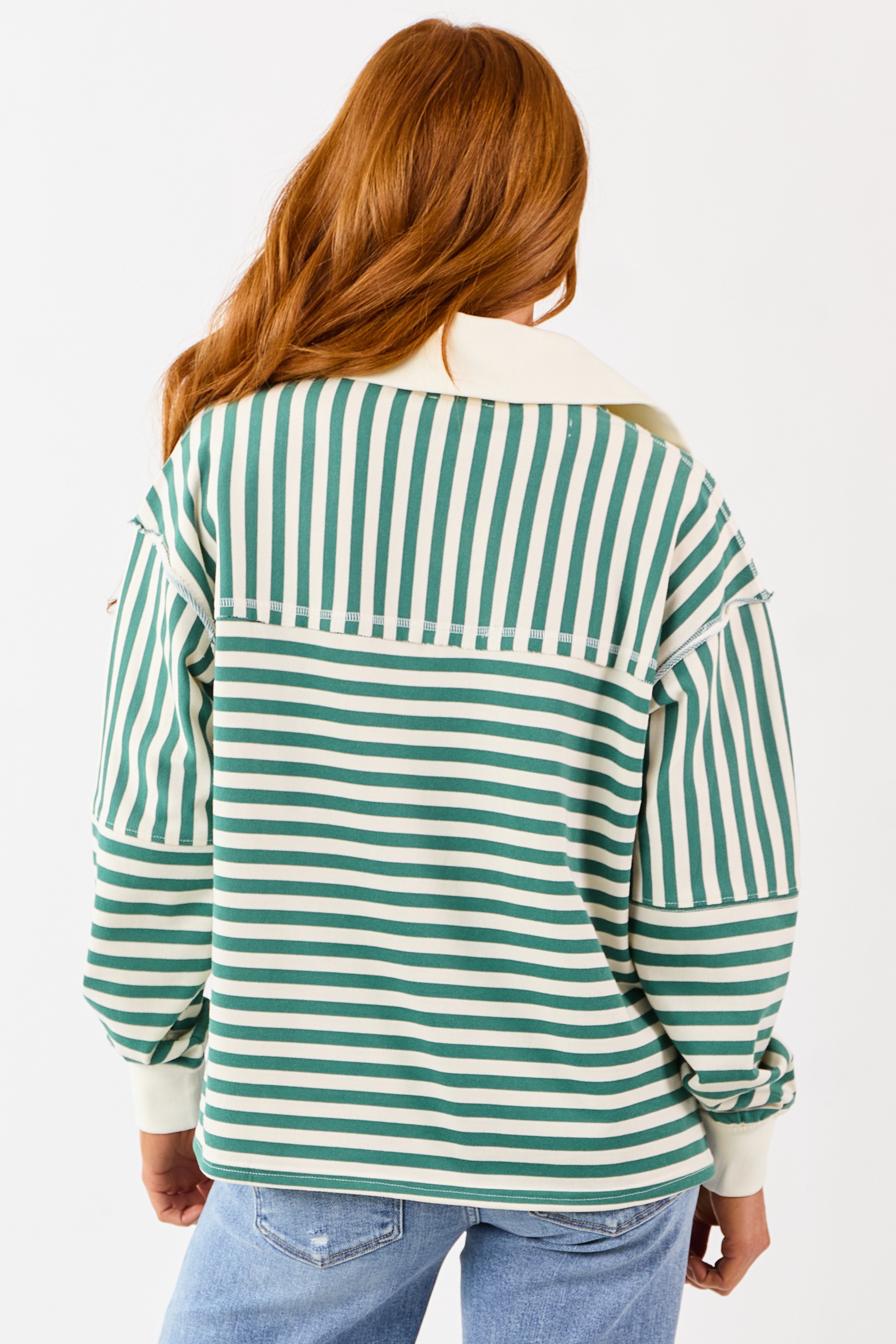 Pine and Cream Striped Henley Top